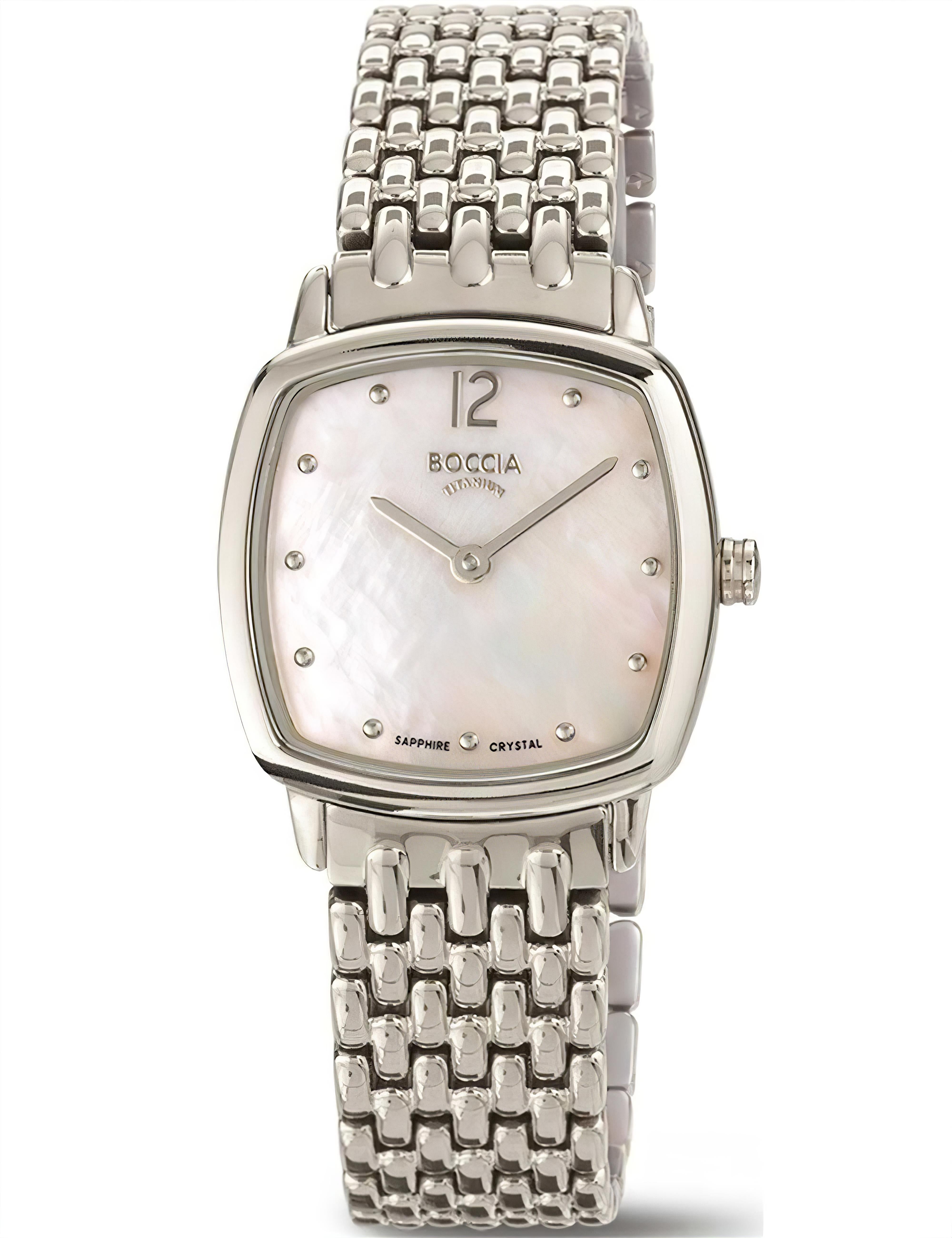 Damenarmbanduhr BOCCIA mit silbernem Metallarmband und ovalem perlmuttfarbenem Zifferblatt