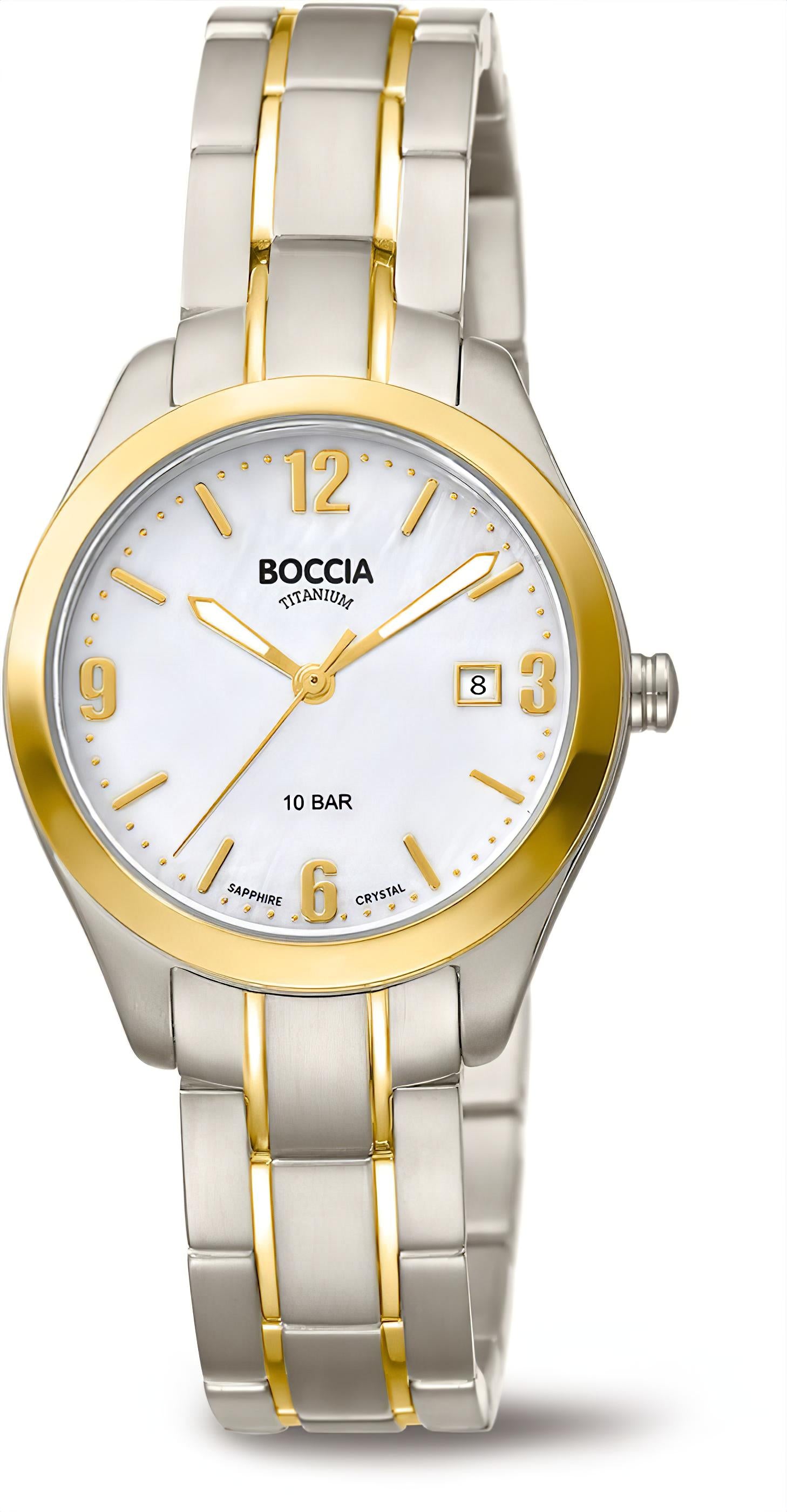 Boccia Damenuhr mit silbernem Edelstahlband, goldfarbener Lünette und weißem Zifferblatt
