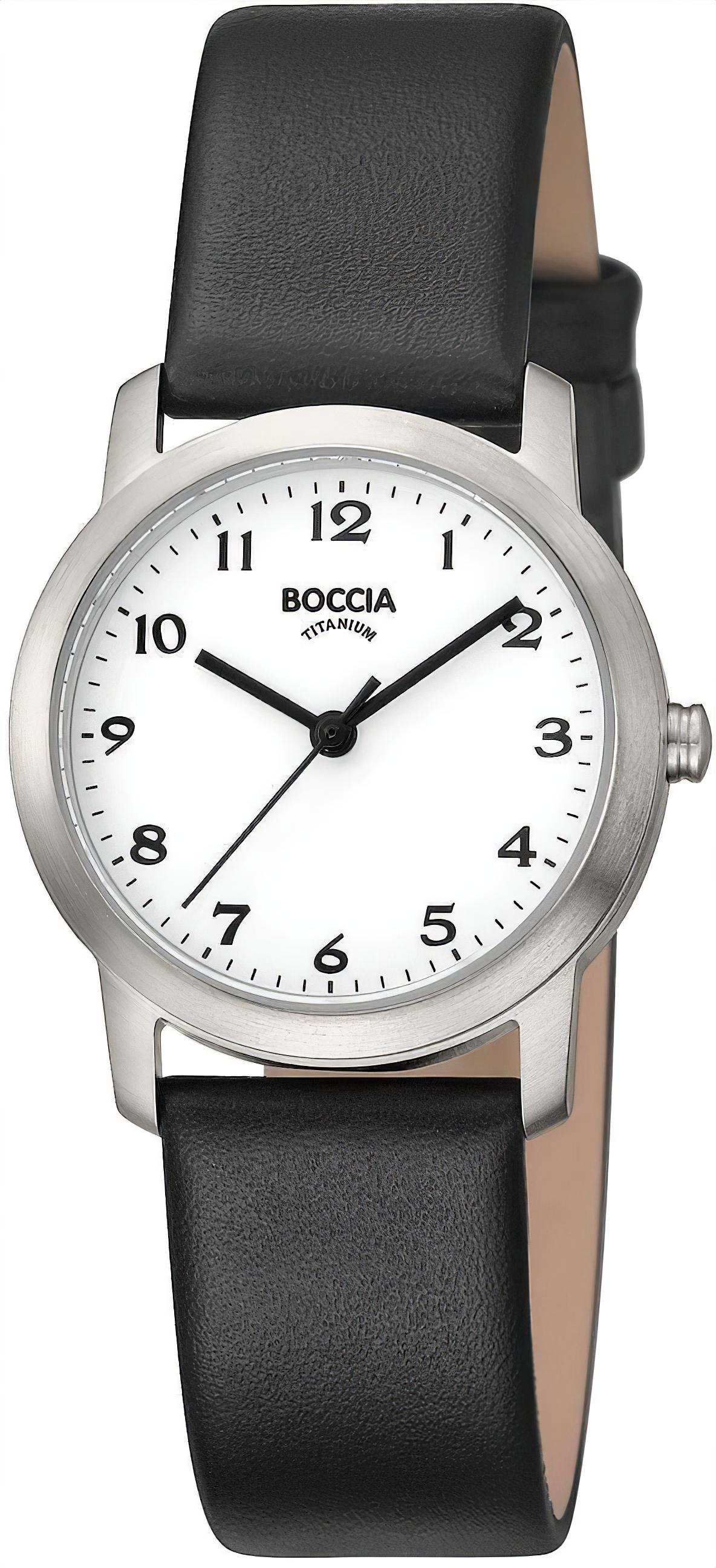 Boccia Damenuhr mit schwarzem Lederarmband, rundem silbernem Gehäuse und weißem Zifferblatt