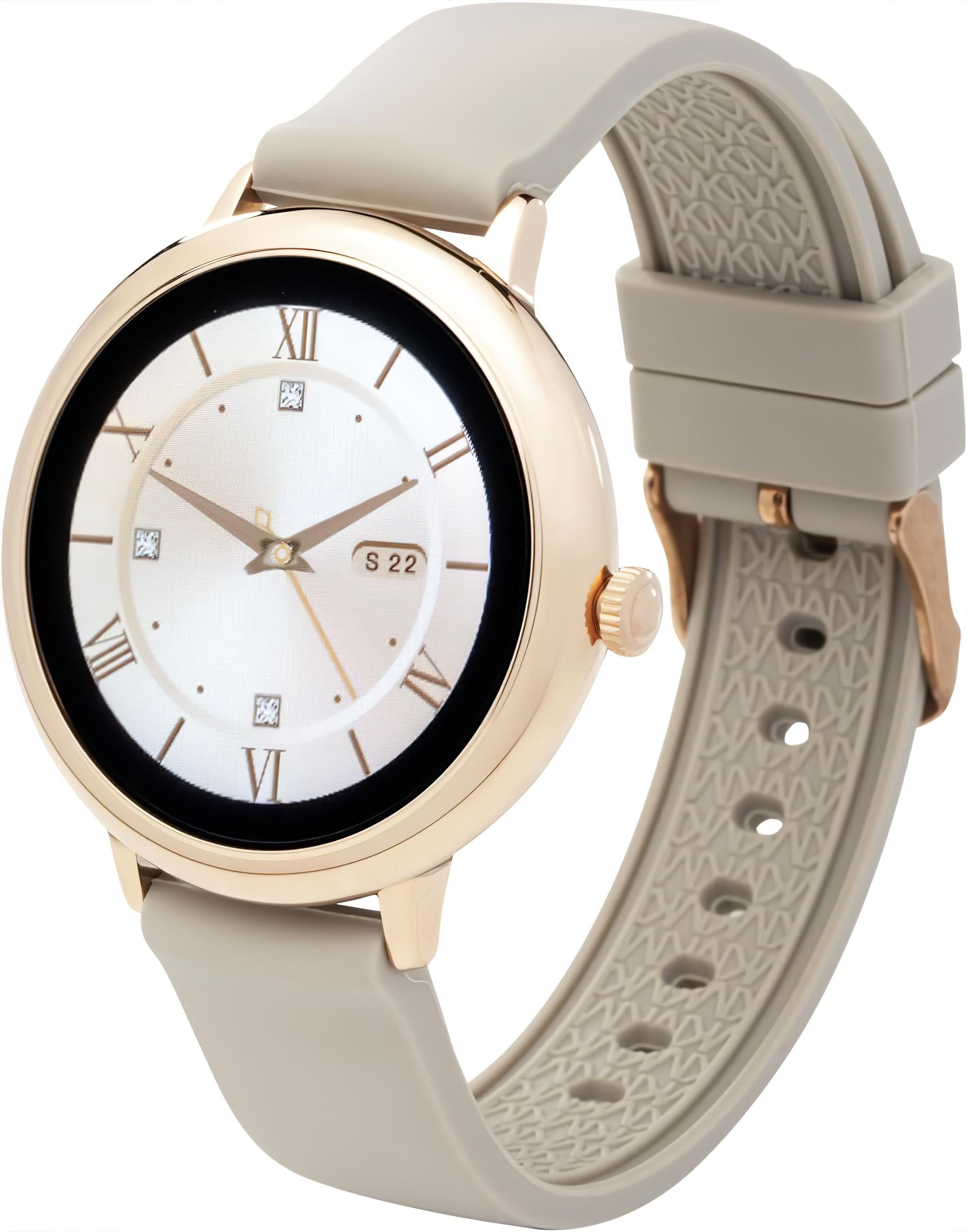 Smartwatch mit beigem Silikonarmband und rundem Gehäuse, Analoganzeige mit römischen Ziffern