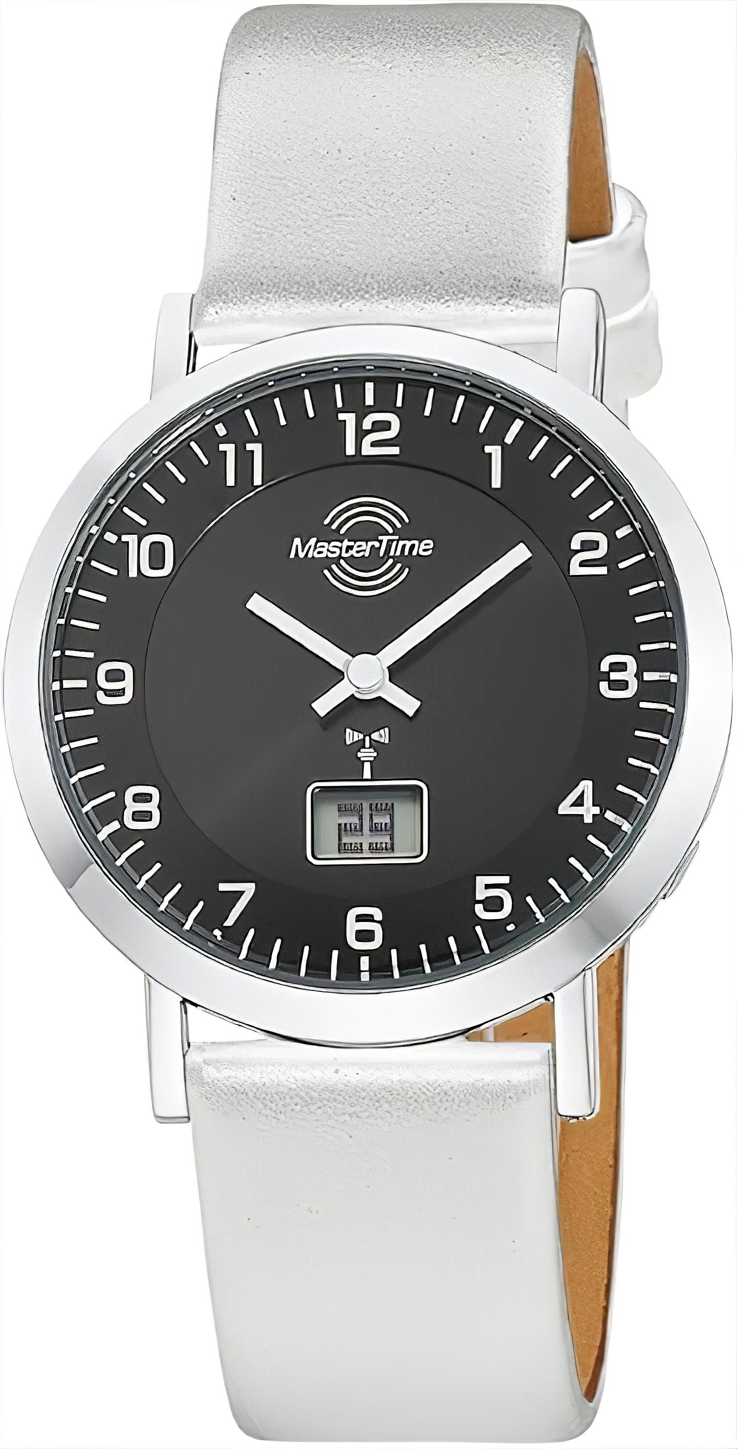 Damenuhr von MasterTime mit Funk, silbernem Gehäuse, schwarzem Zifferblatt und weißem Lederarmband