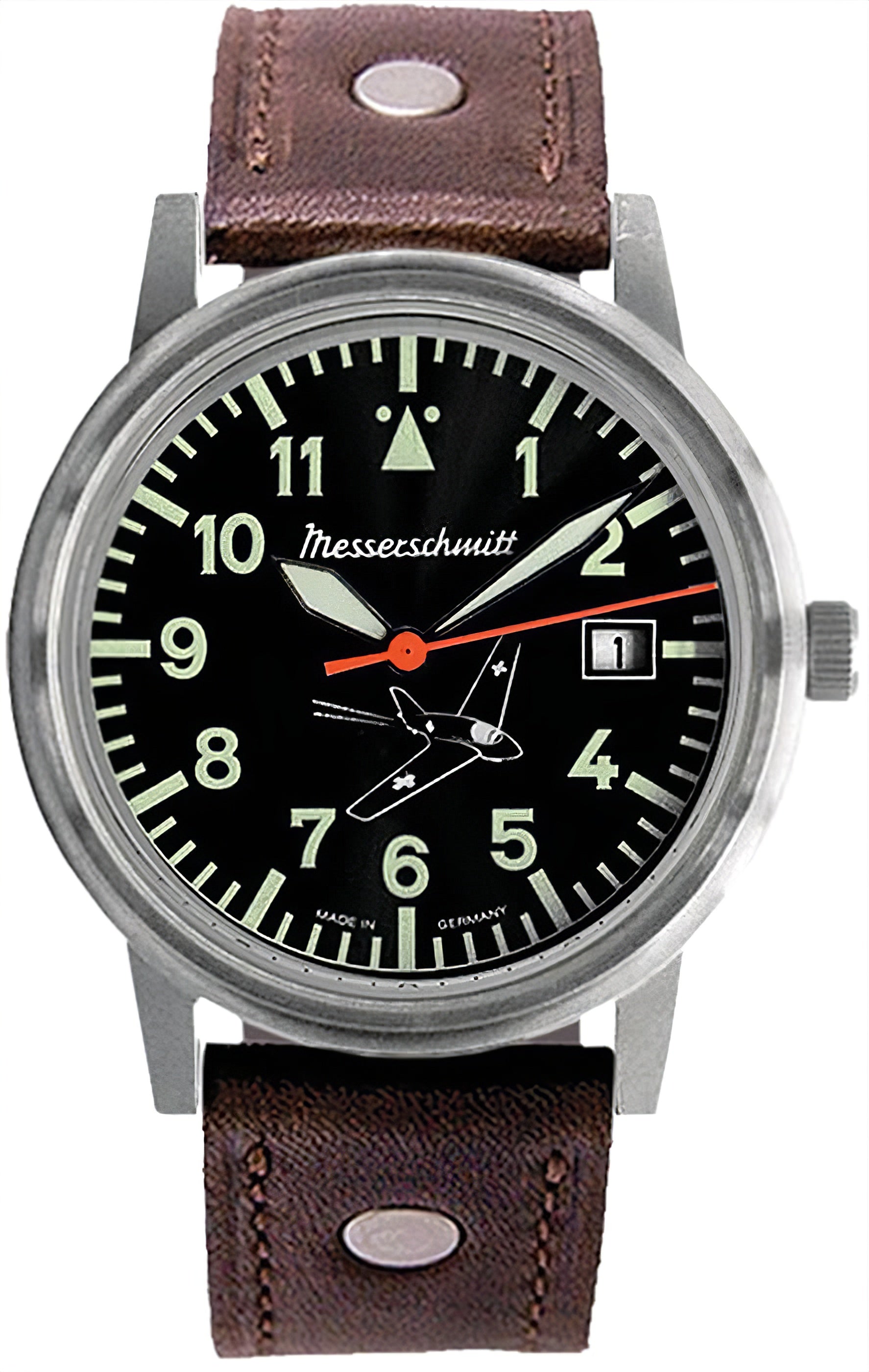 Messerschmitt Komet Herrenuhr: schwarzes Zifferblatt, braunes Lederband, Datum