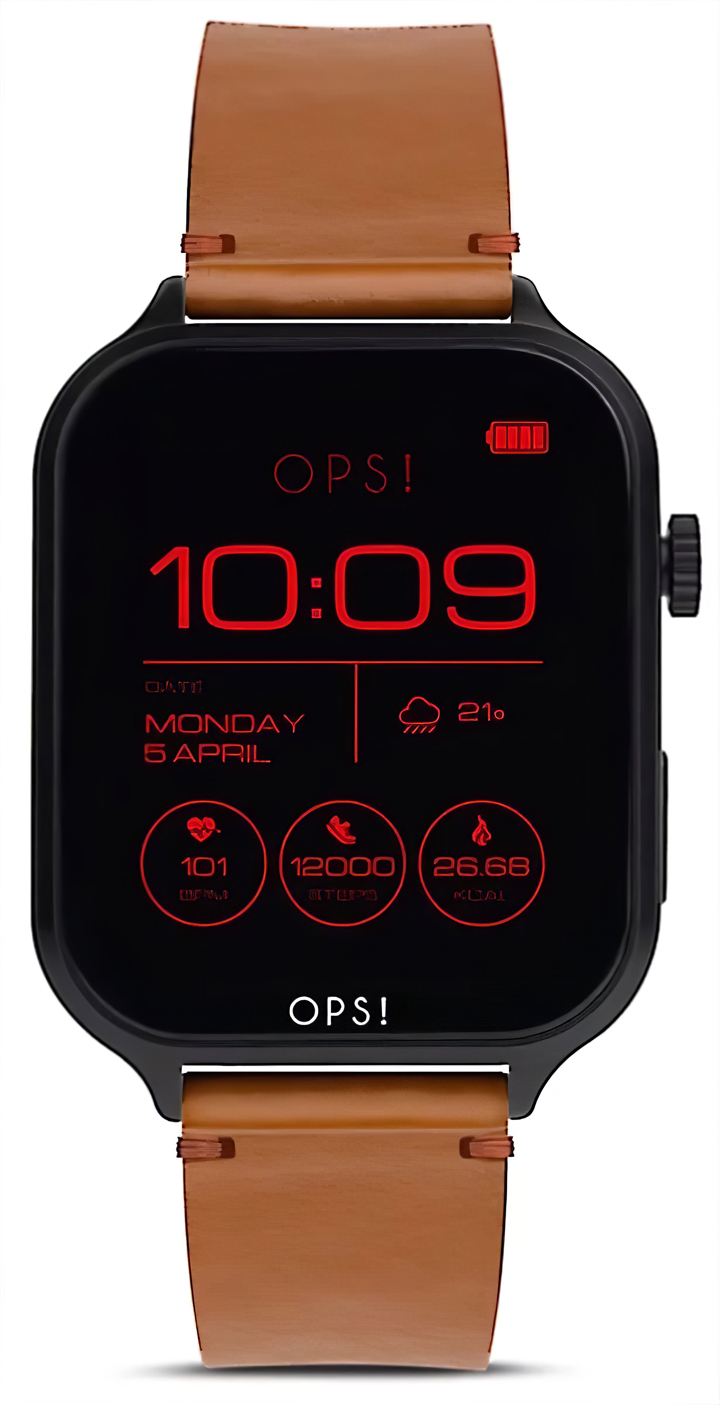 Unisex-Smartwatch mit AMOLED-Display, schwarzer Front und braunem Armband