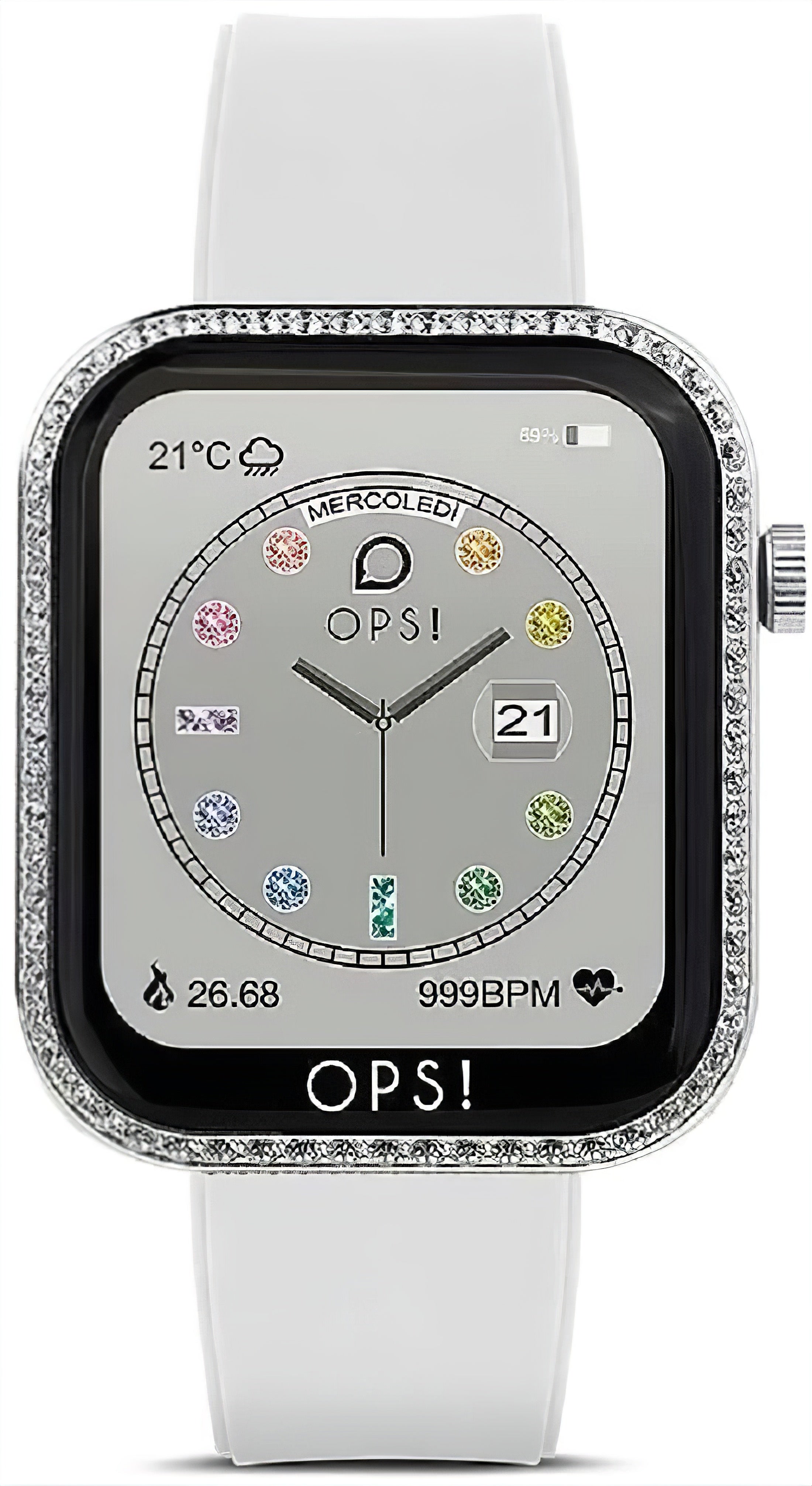 Unisex-Smartwatch mit weißem Silikonarmband, quadratischem Display und Strassrand