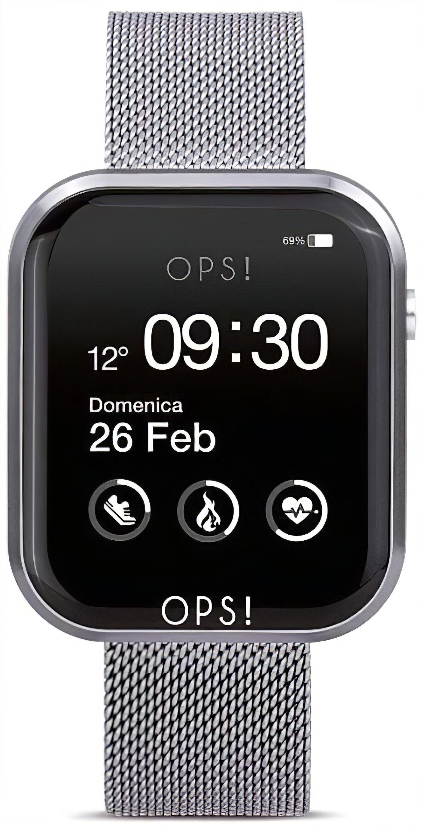 Smartwatch mit Metall-Mesharmband und schwarzem Display, Uhrzeit 09:30