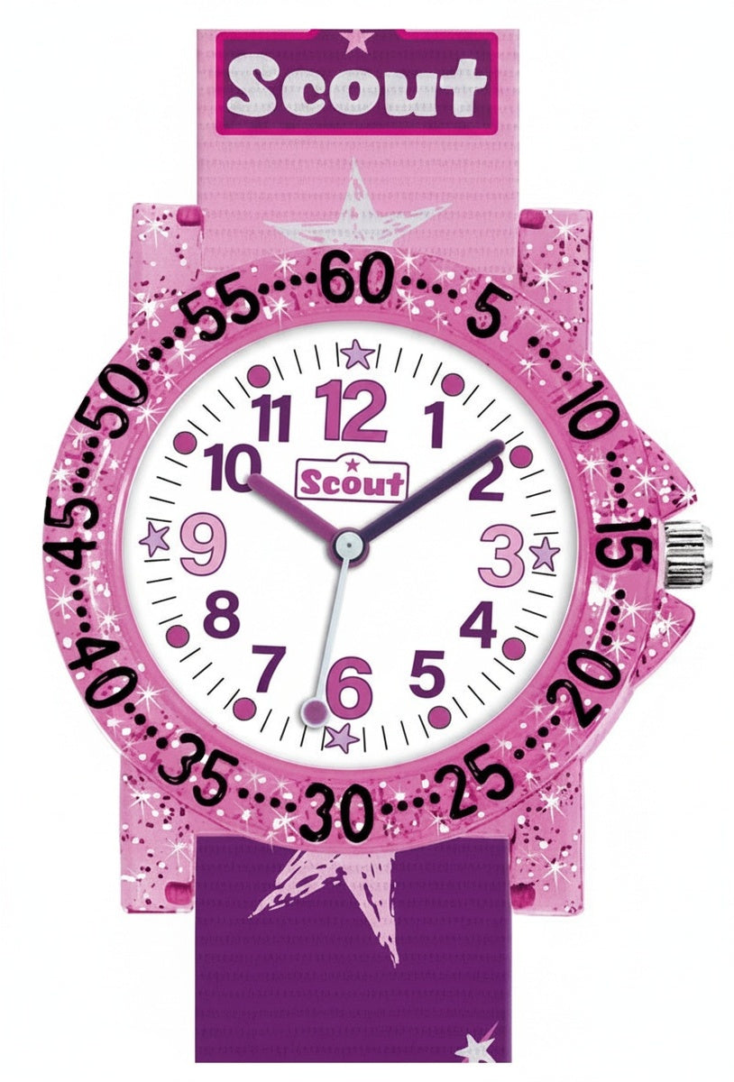 Mädchenarmbanduhr mit pinkem Zifferblatt, Sternen, bunten Zahlen und Lederband