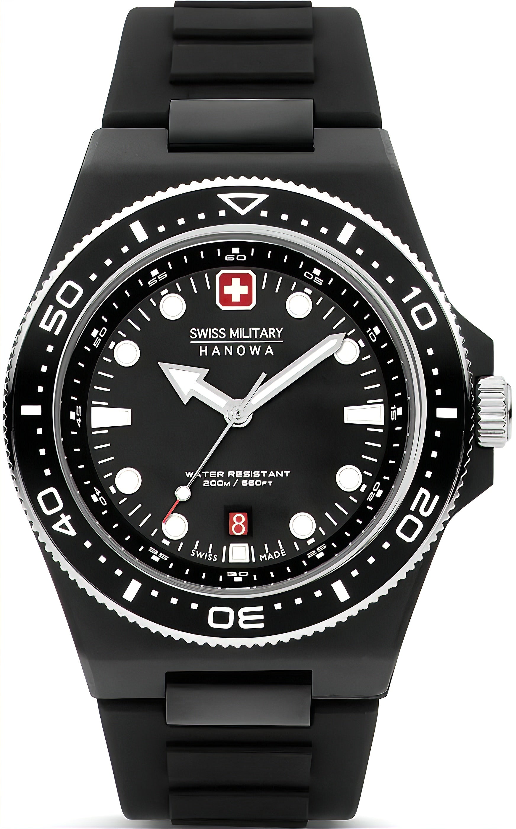 Swiss Military Herrenarmbanduhr mit schwarzem Zifferblatt, schwarzer Lünette und Silikonband