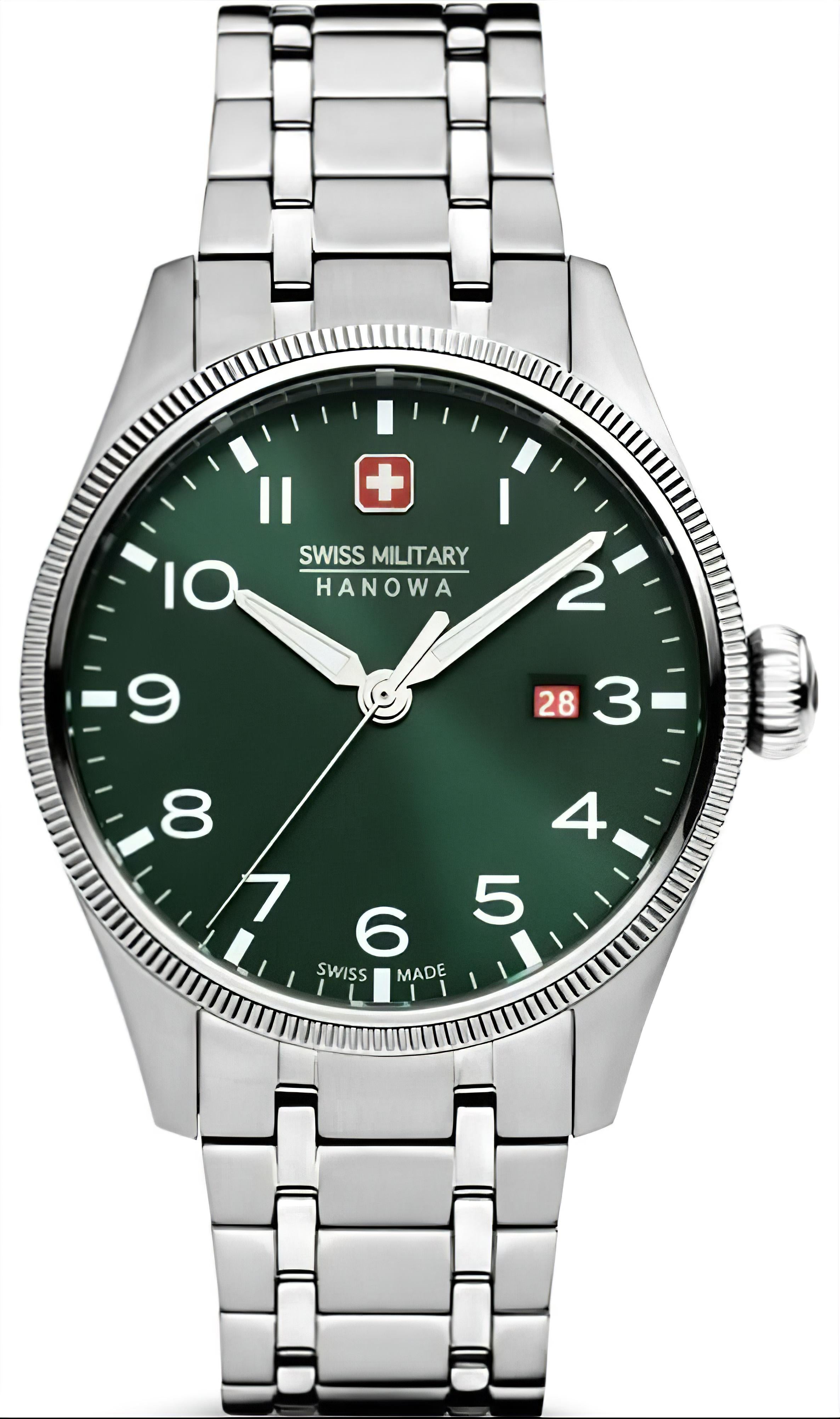 Swiss Military Herrenarmbanduhr mit grünem Zifferblatt, Datumsanzeige, Edelstahlband