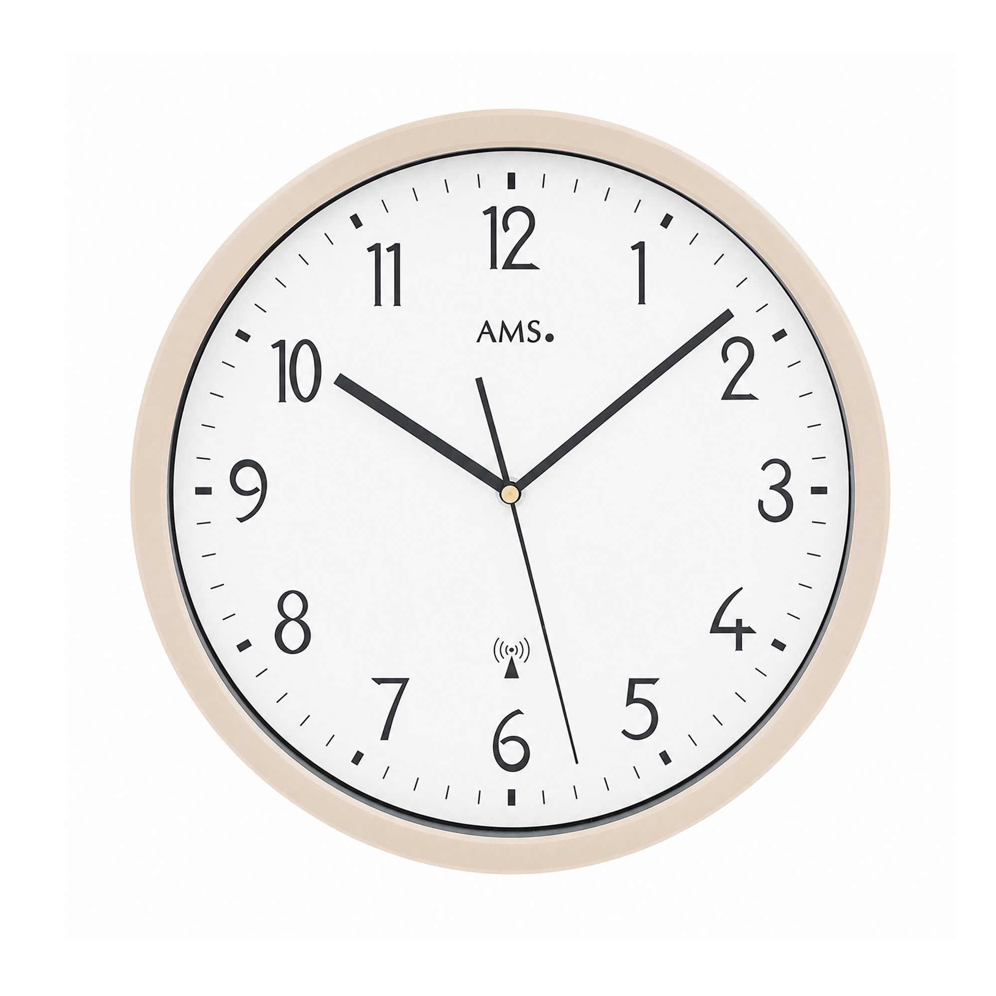 Wall clock with beige rim, white dial, black hands, and radio signal symbol