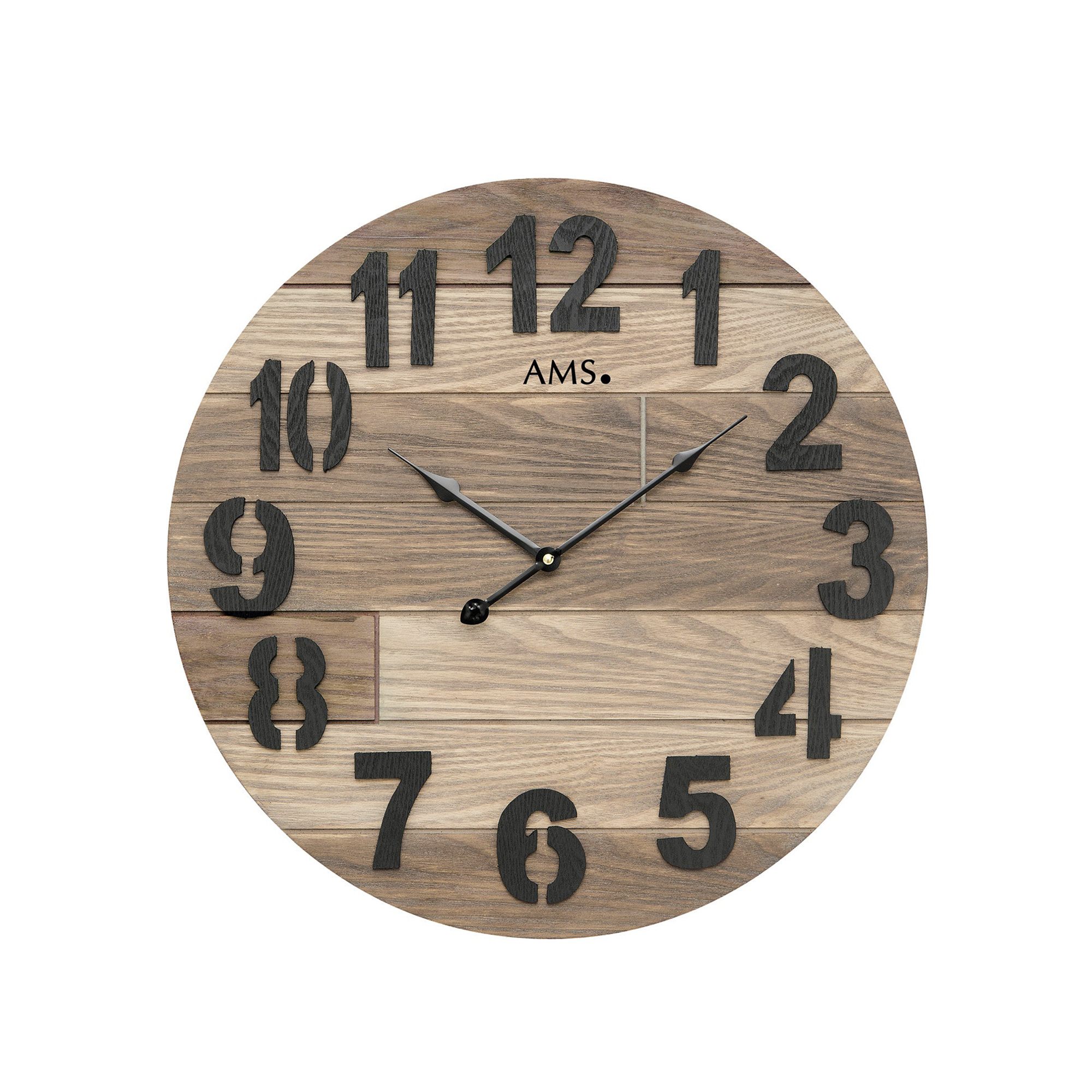 Wanduhr im Nahblick: rundes Holz-Zifferblatt mit schwarzen Ziffern und Zeigern