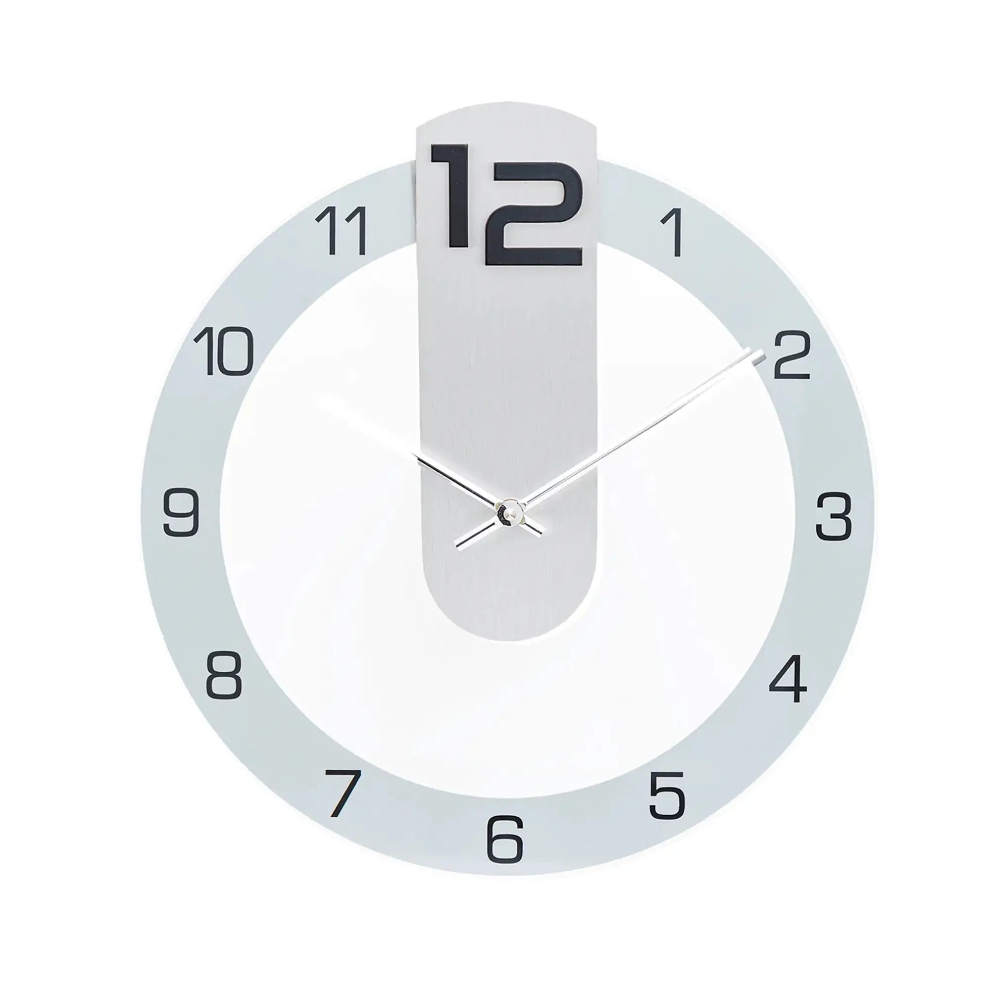 Wall clock frontal: white casing, blue ring, black numbers, and silver hands