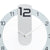 Close-up of a wall clock face: large black numbers, silver hands, and a light gray frame