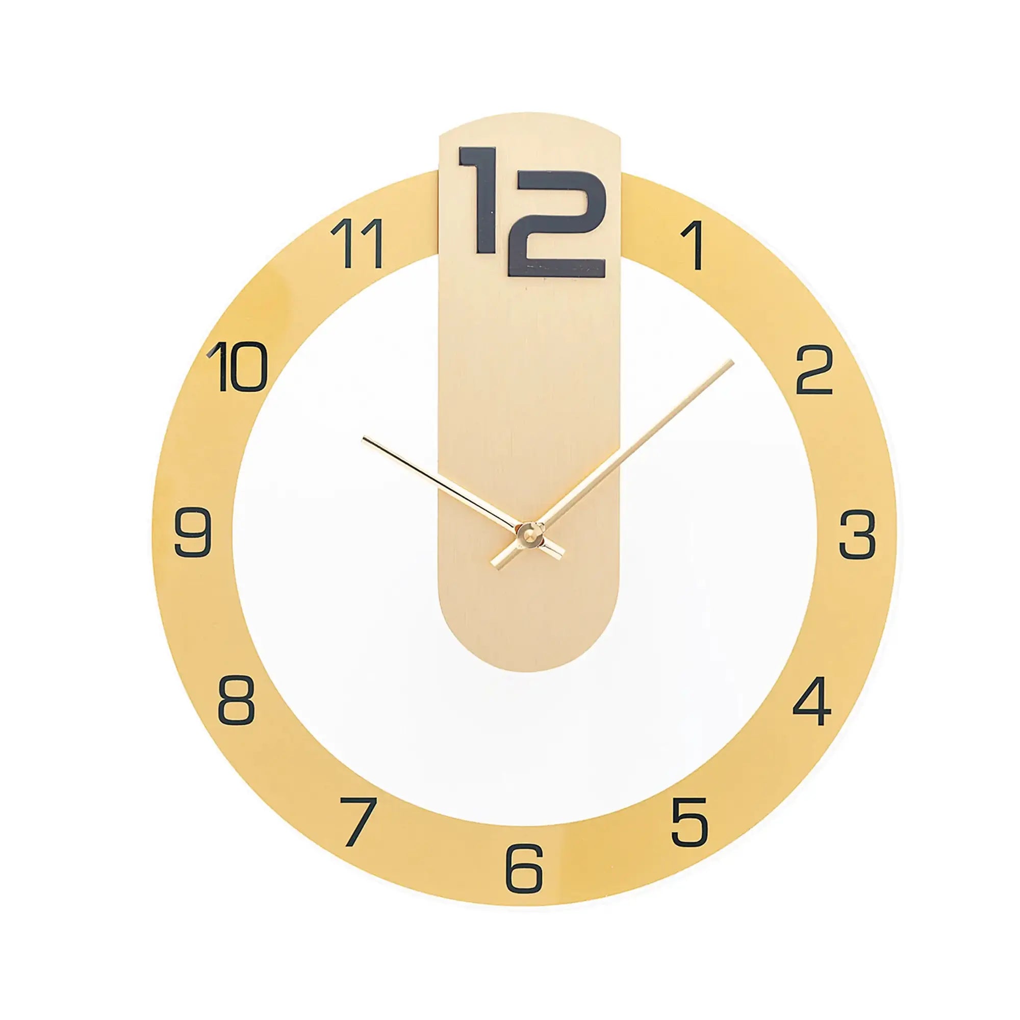 Round wall clock with gold-colored ring, 3D numeral 12, and metal hands on a light dial