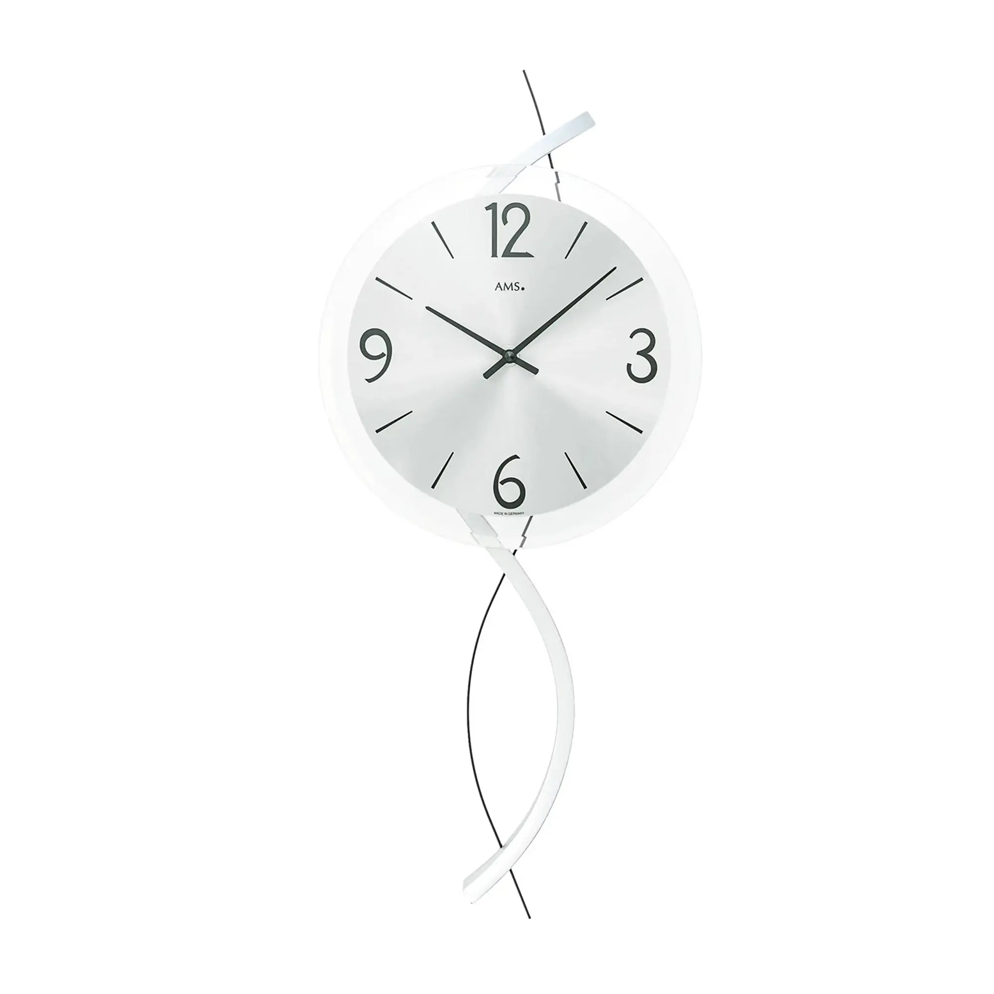 Wall clock with round white dial, black hands, and narrow center band
