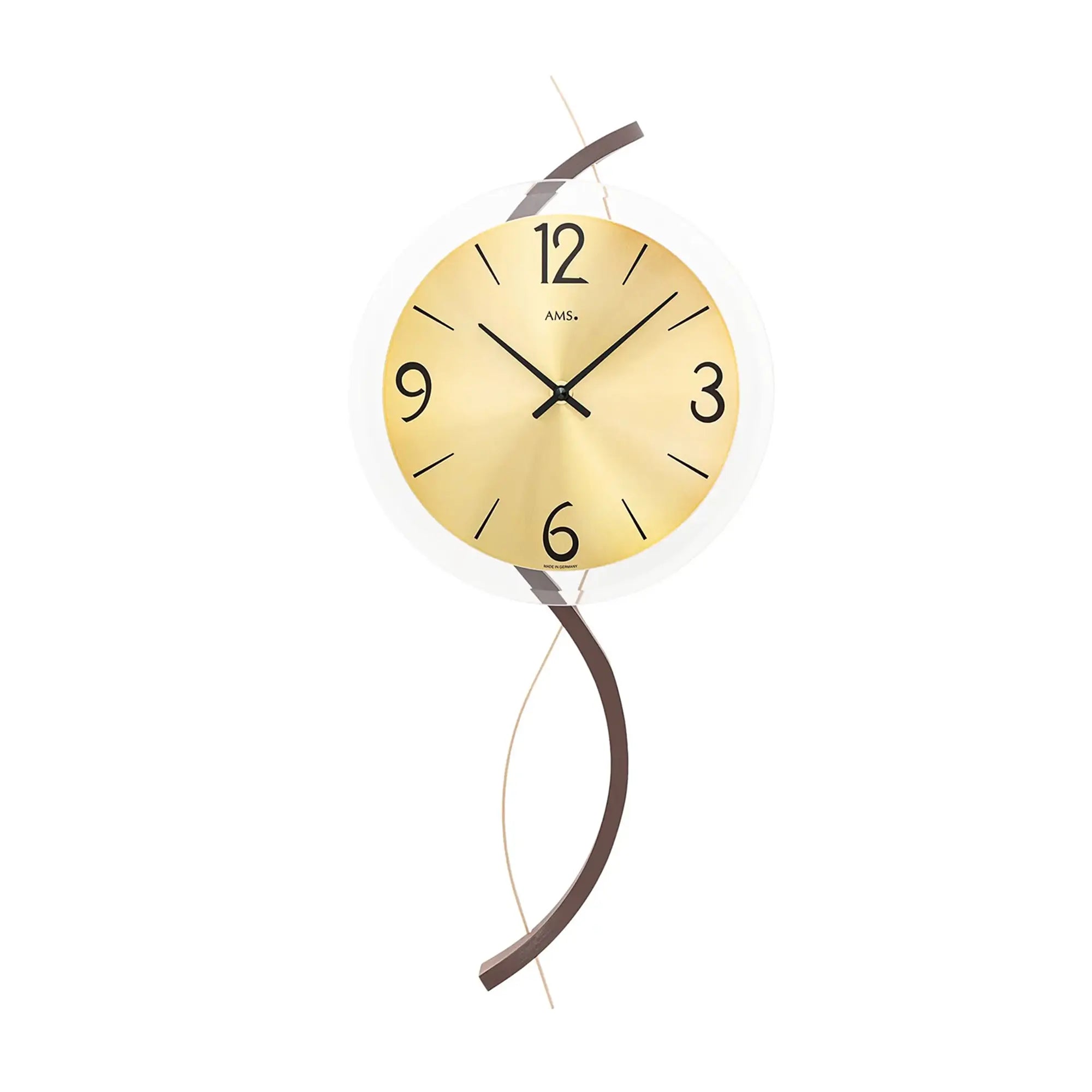 Wall clock with round gold dial, black hands, and curved dark frame