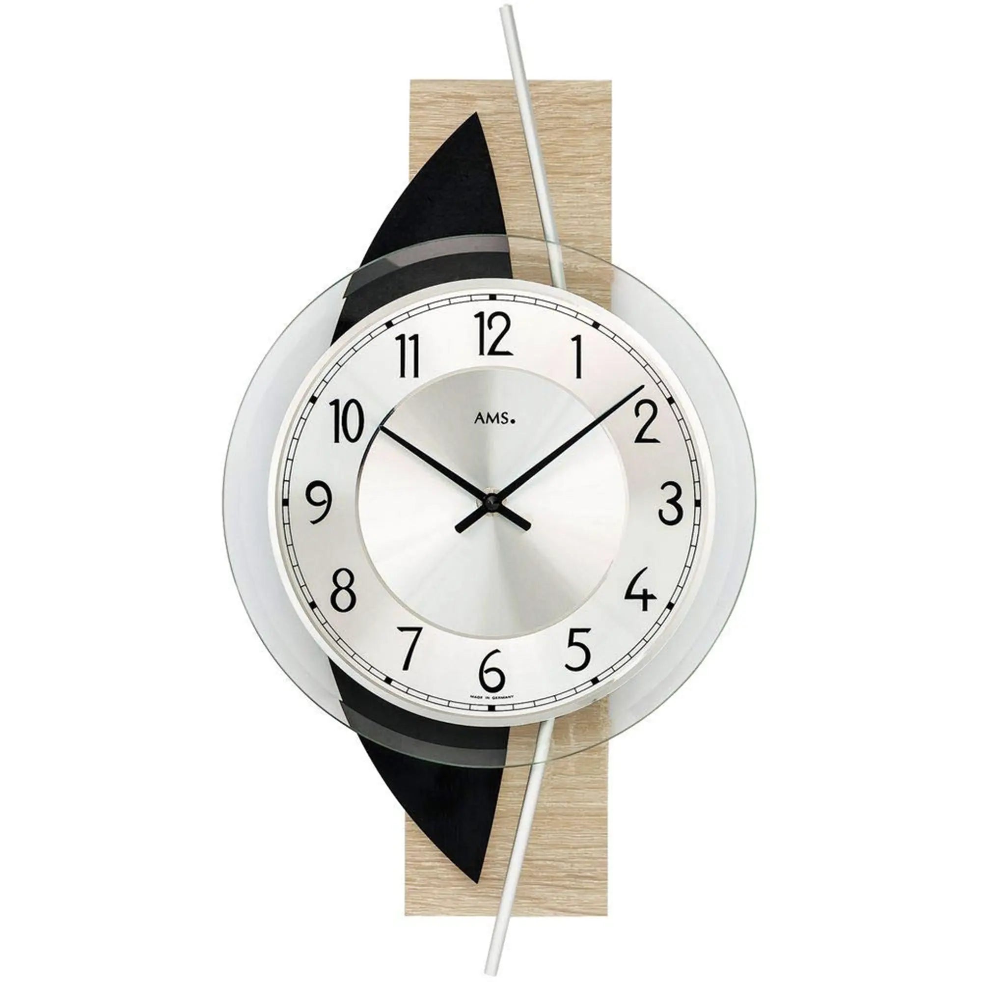 AMS Wanduhr mit Mineralglas, Holz-/Schieferelement und schwarzen Zeigern