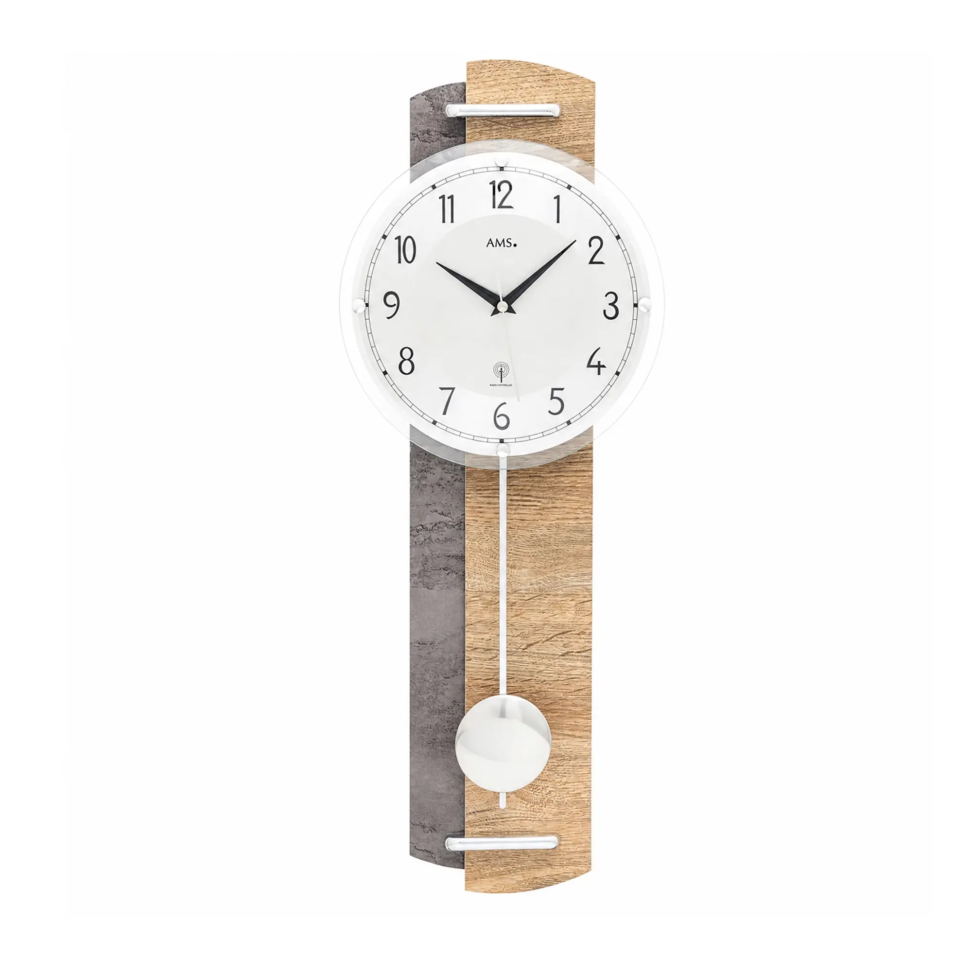 Wall clock with round dial, wooden case, and white pendulum