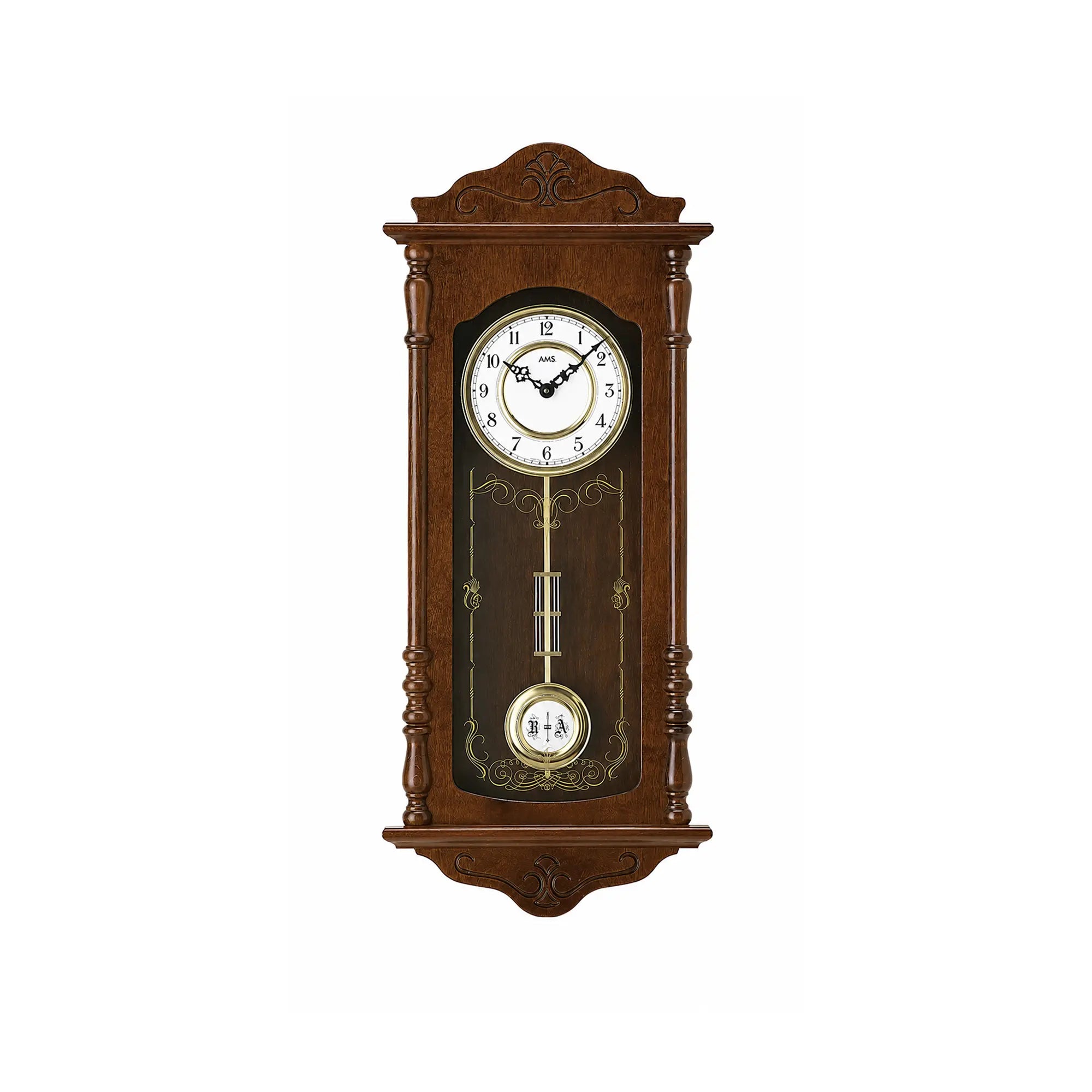 Wanduhr mit Nussbaum-Gehäuse, offenem Pendelbereich und analogem Zifferblatt