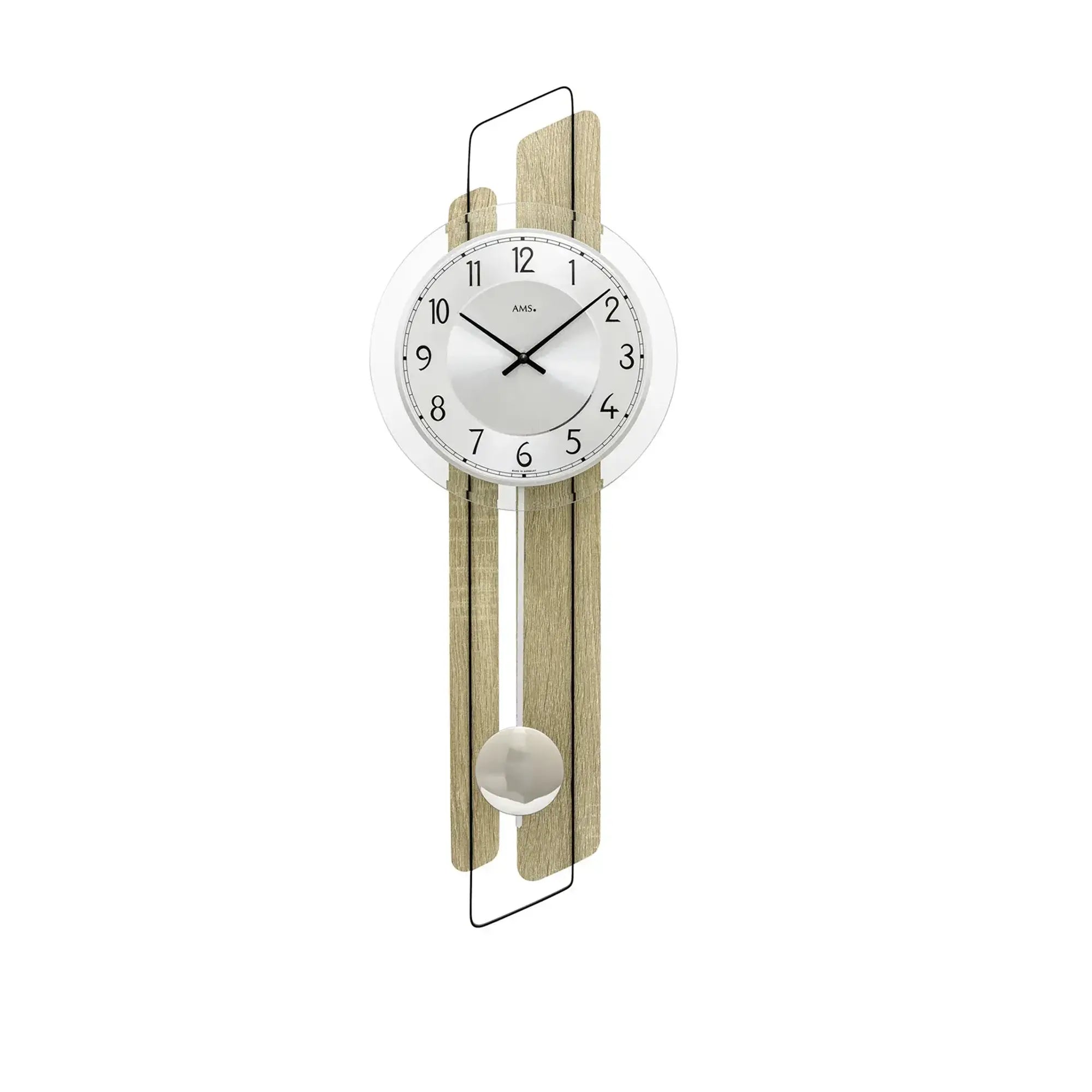 AMS Wanduhr: rundes Zifferblatt, Holzpendel und Glasfront