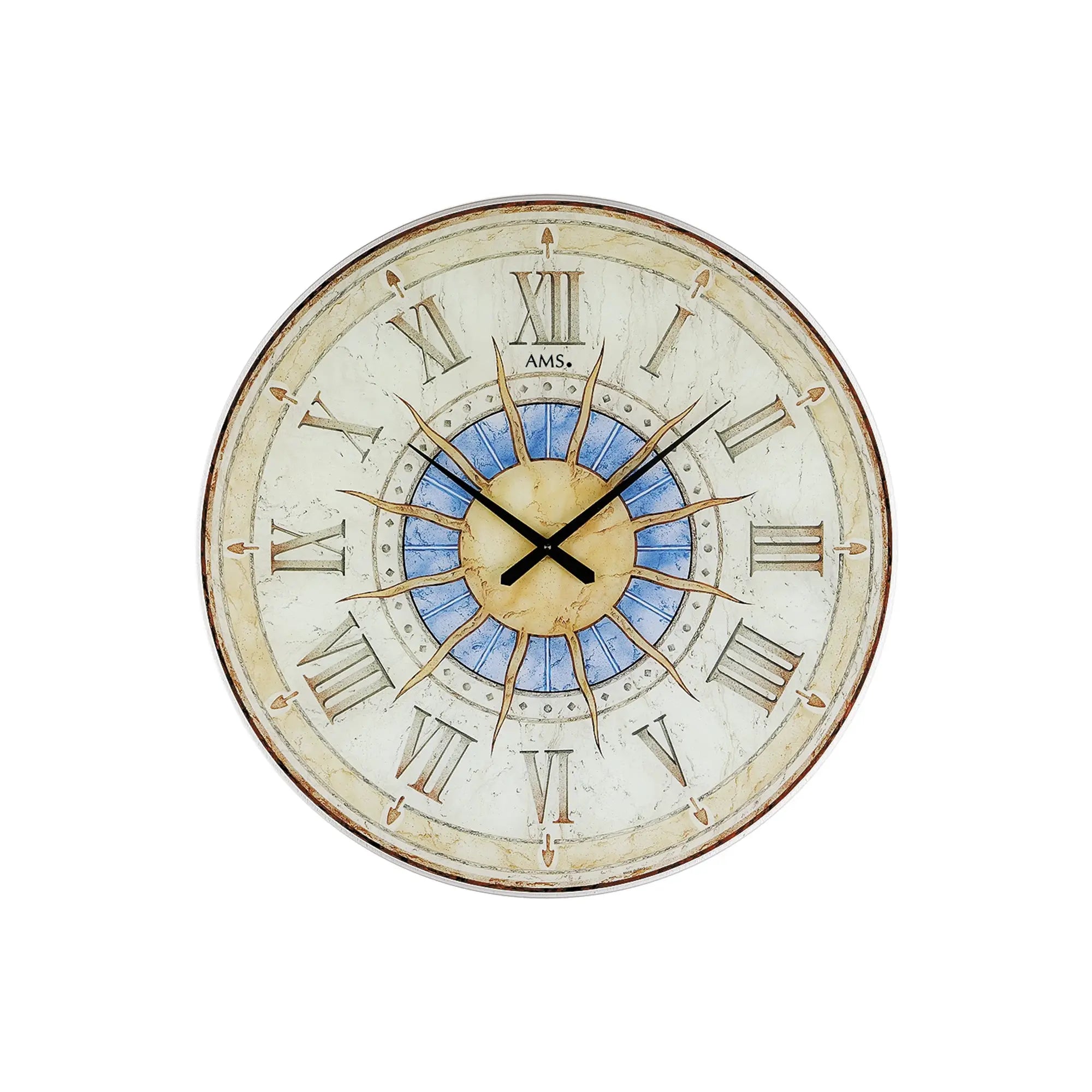 Wanduhr mit rundem Zifferblatt, goldfarbenem Mittelteil und blauer Sonnenstruktur