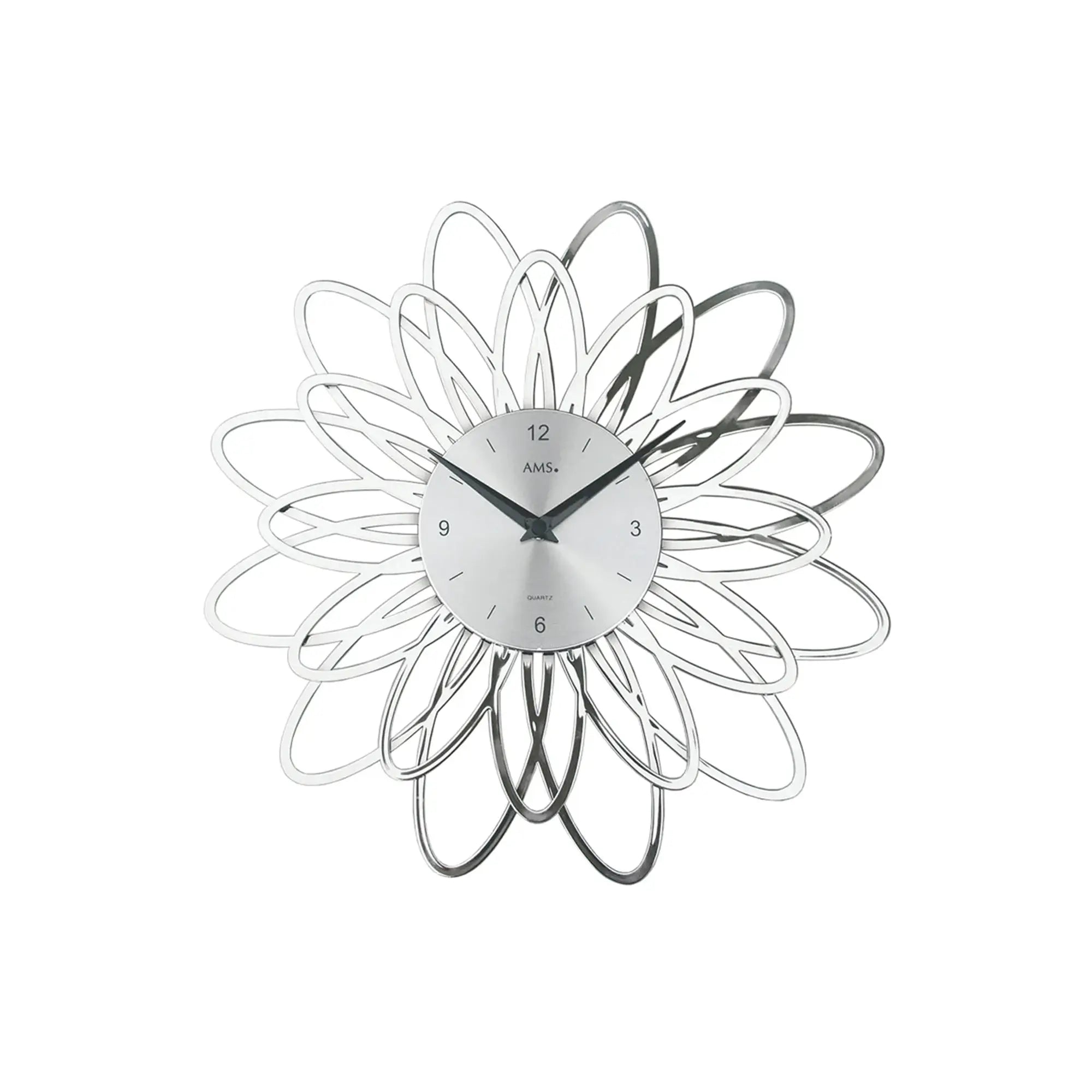 AMS Wanduhr: floraler Metallrahmen, weißes Zifferblatt, schwarze Zeiger, Mineralglas