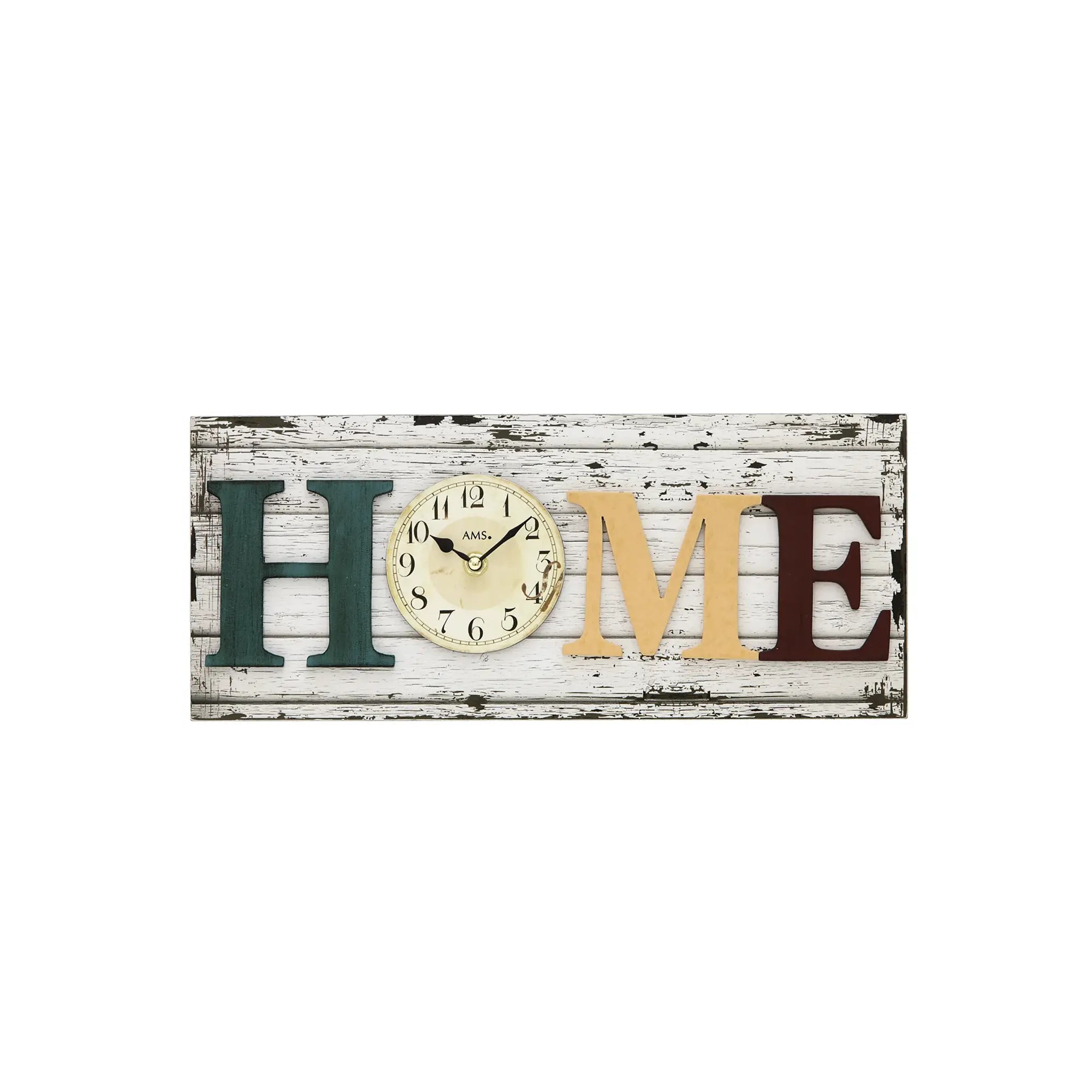 Wanduhr mit Mineralglas-Druck, Holzrahmen, Ziffernblatt und HOME-Schrift (AMS).