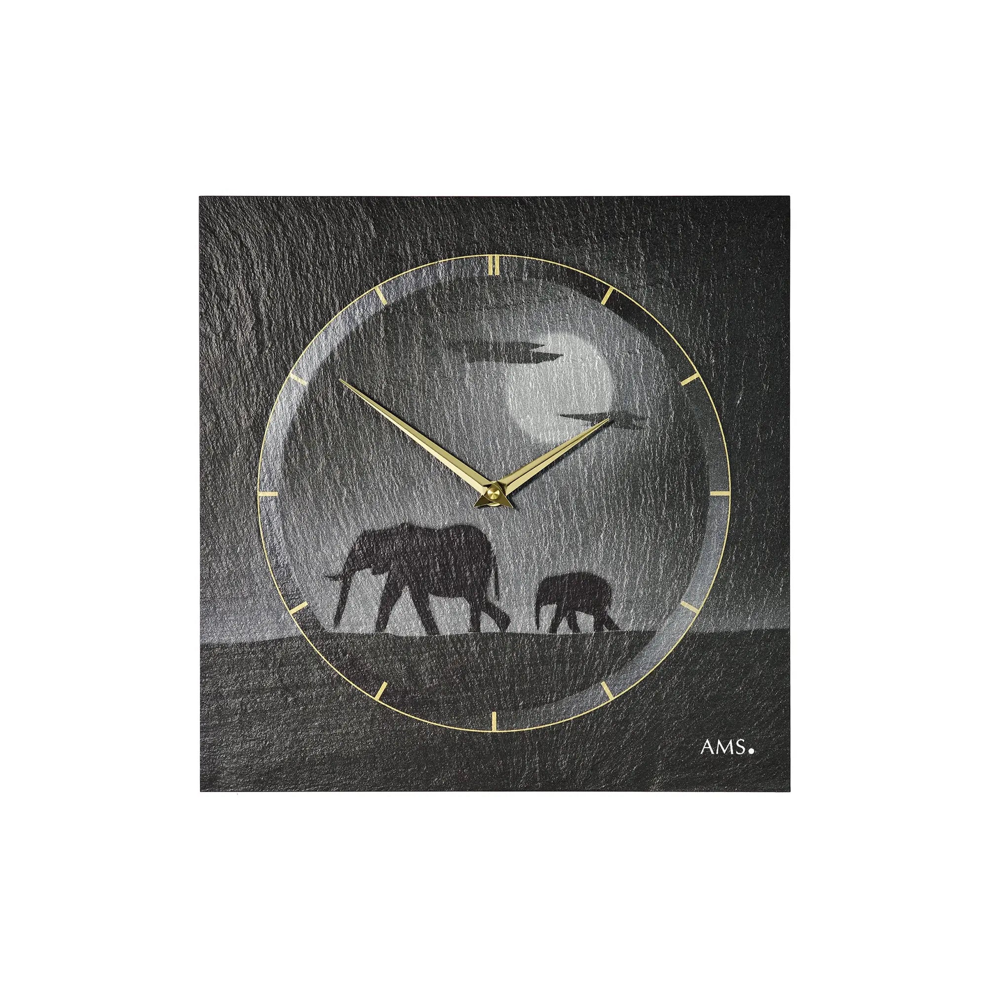 Wanduhr aus Naturschiefer mit Elefanten-Airbrush, goldener Umrandung und Zeigern