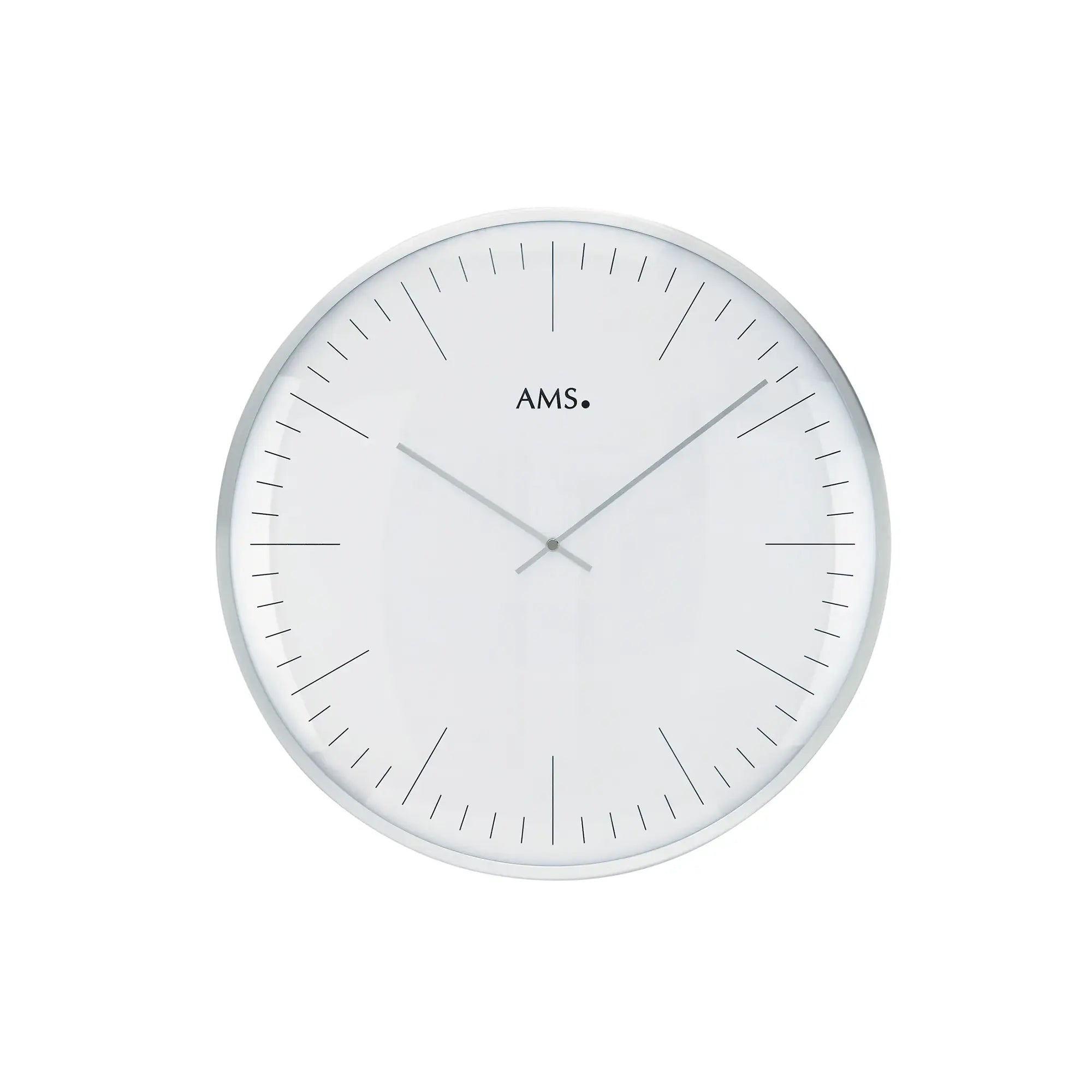 Runde Wanduhr mit silbernem Aluminiumrahmen, weißem Zifferblatt und gewölbtem Mineralglas