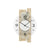 Wanduhr mit weißem Ziffernblatt, schwarzen Zeigern und Zahlen, Holz- und Steinoptik