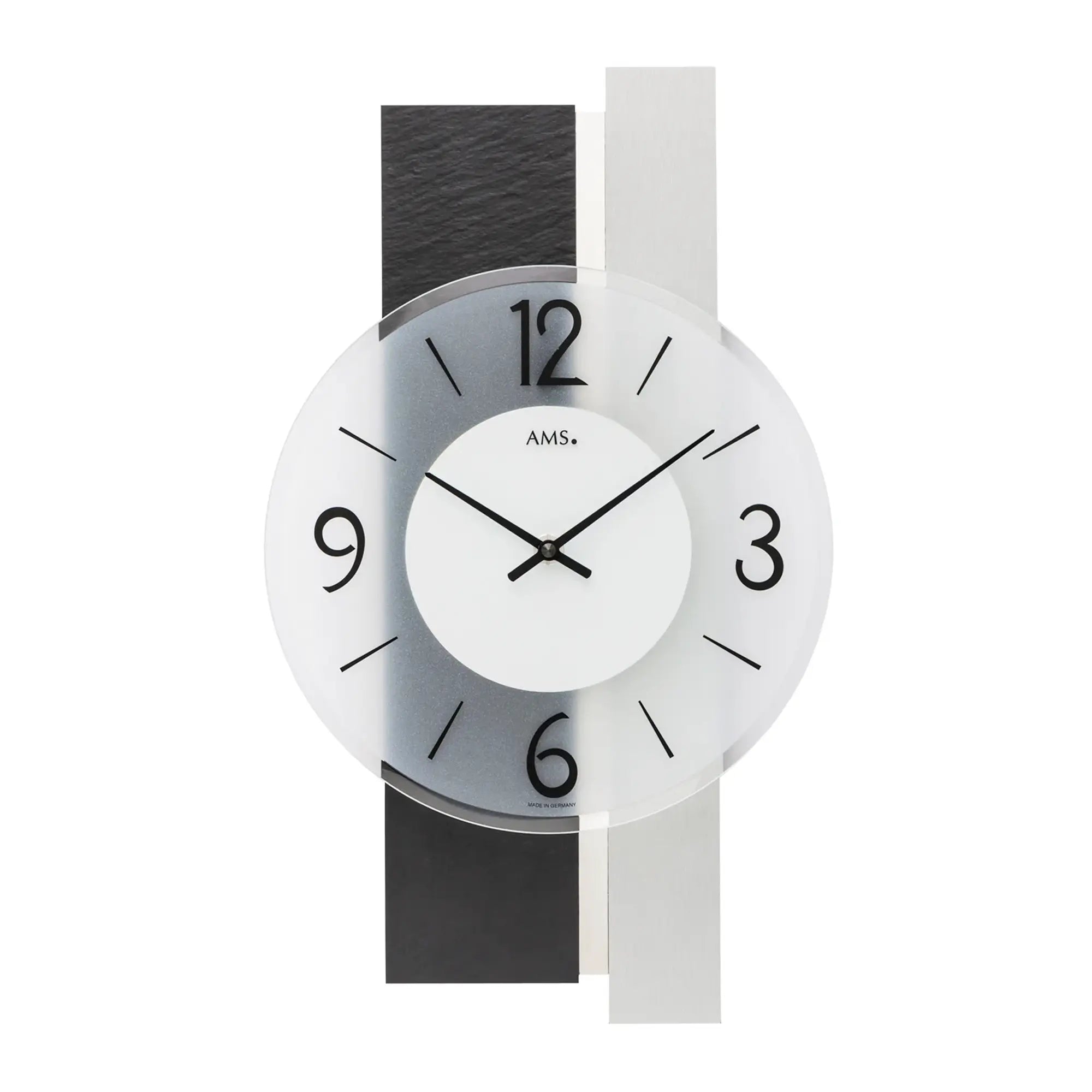 Wanduhr mit rundem Ziffernblatt, dunklem Schiefer- und hellem Holz-/Aluminiumrahmen, Mineralglas