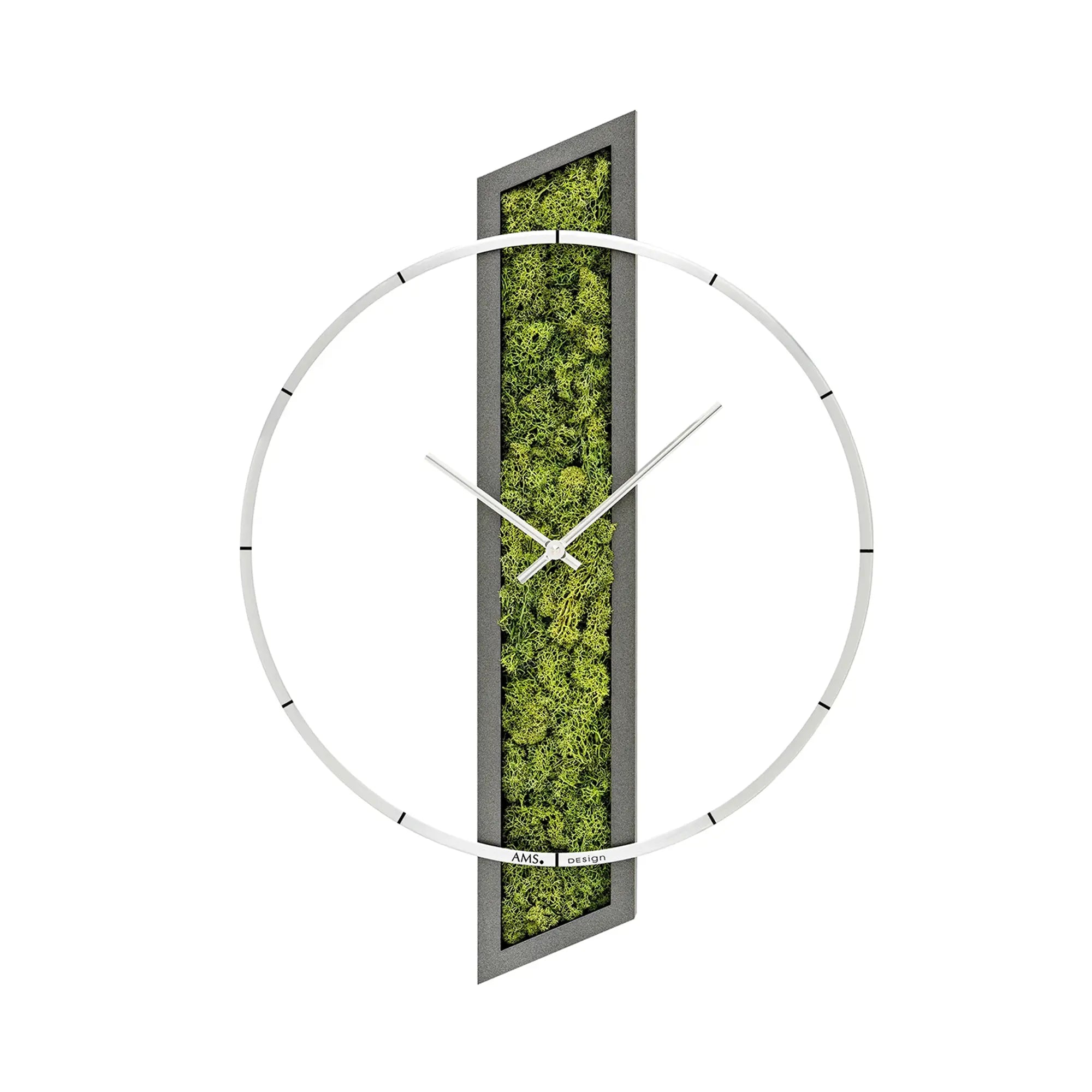 Wall clock with wooden frame, vertical moss inlay, white dial, and hands