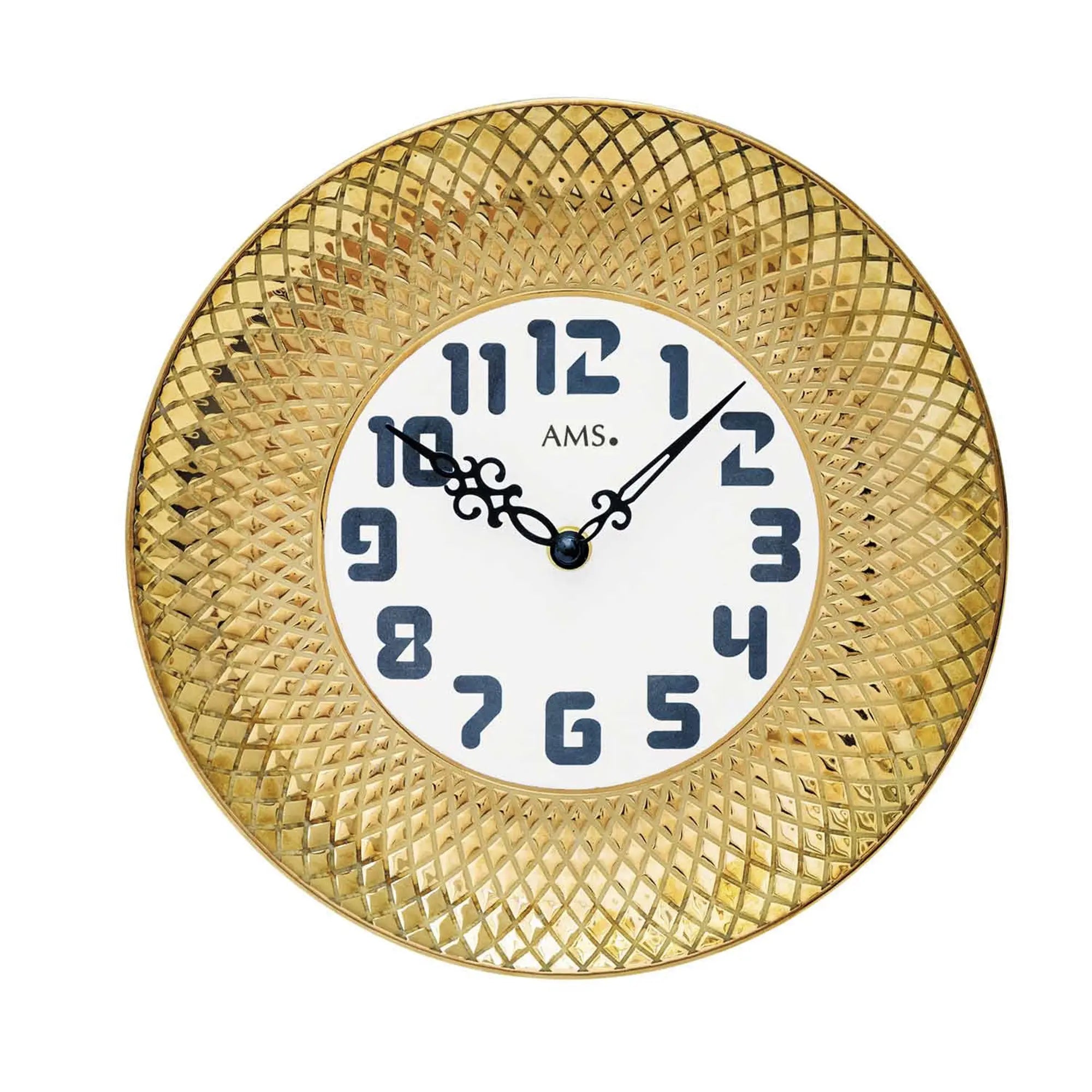 Goldene Wanduhr mit Keramikgehäuse, Strukturprägung und blauem Ziffernblatt