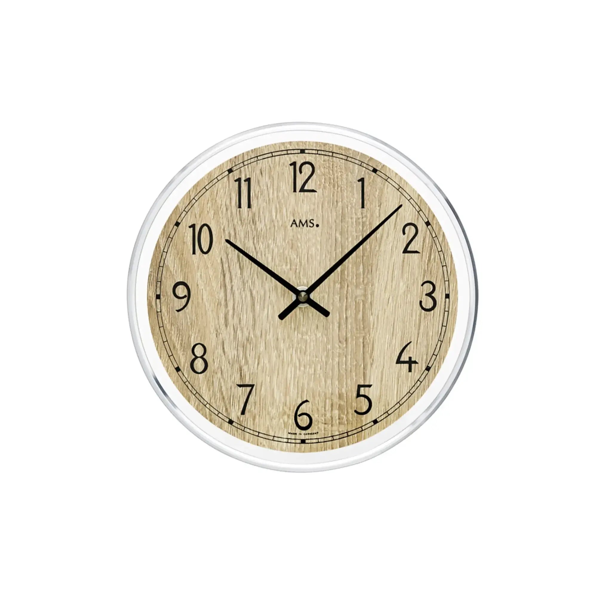 Wanduhr mit rundem Holz-Zifferblatt, Metallrahmen und Mineralglas-Abdeckung