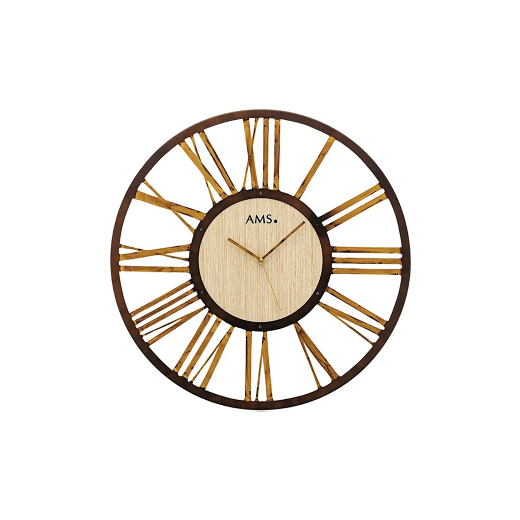 Wanduhr mit rundem Metallrahmen, Holz-Zifferblatt und goldenen Strahlen (AMS).