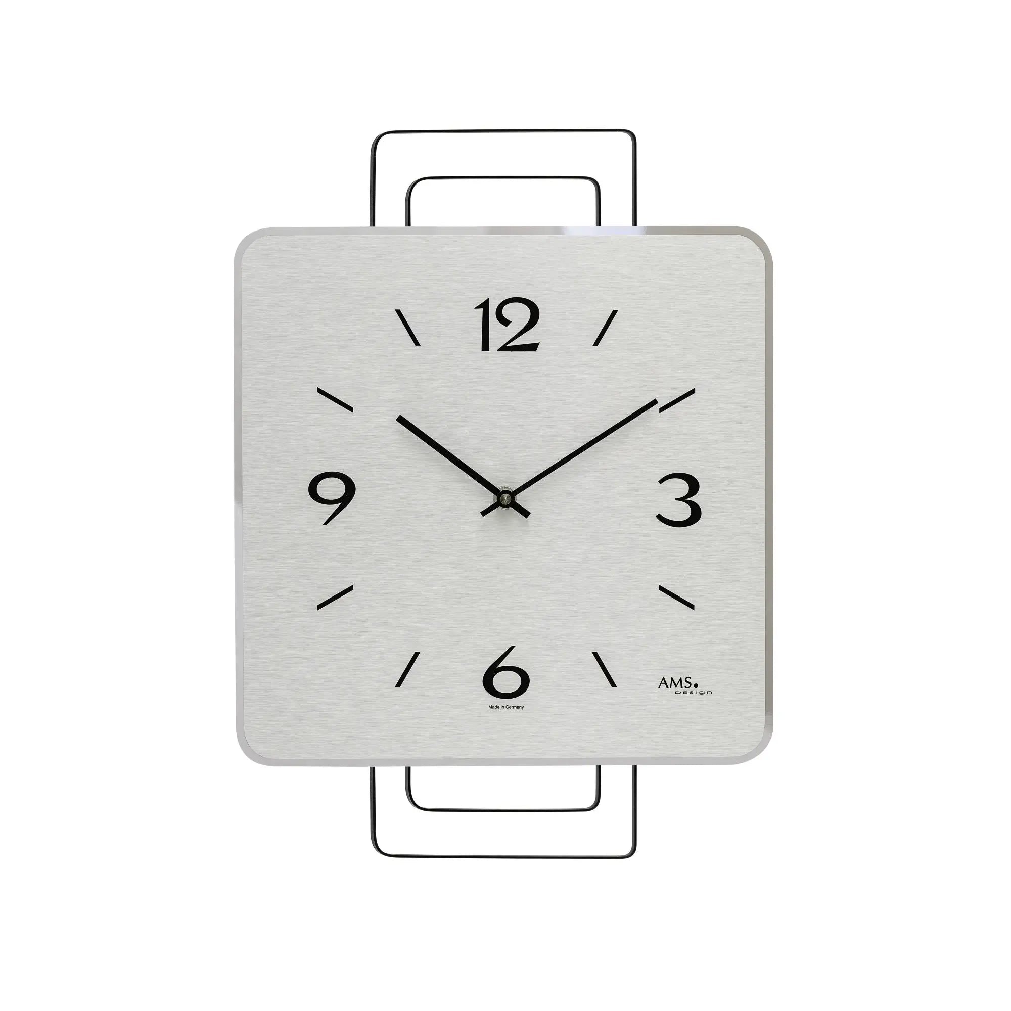 Quadratische Wanduhr mit grauer Front, schwarzen Ziffern und Zeigern