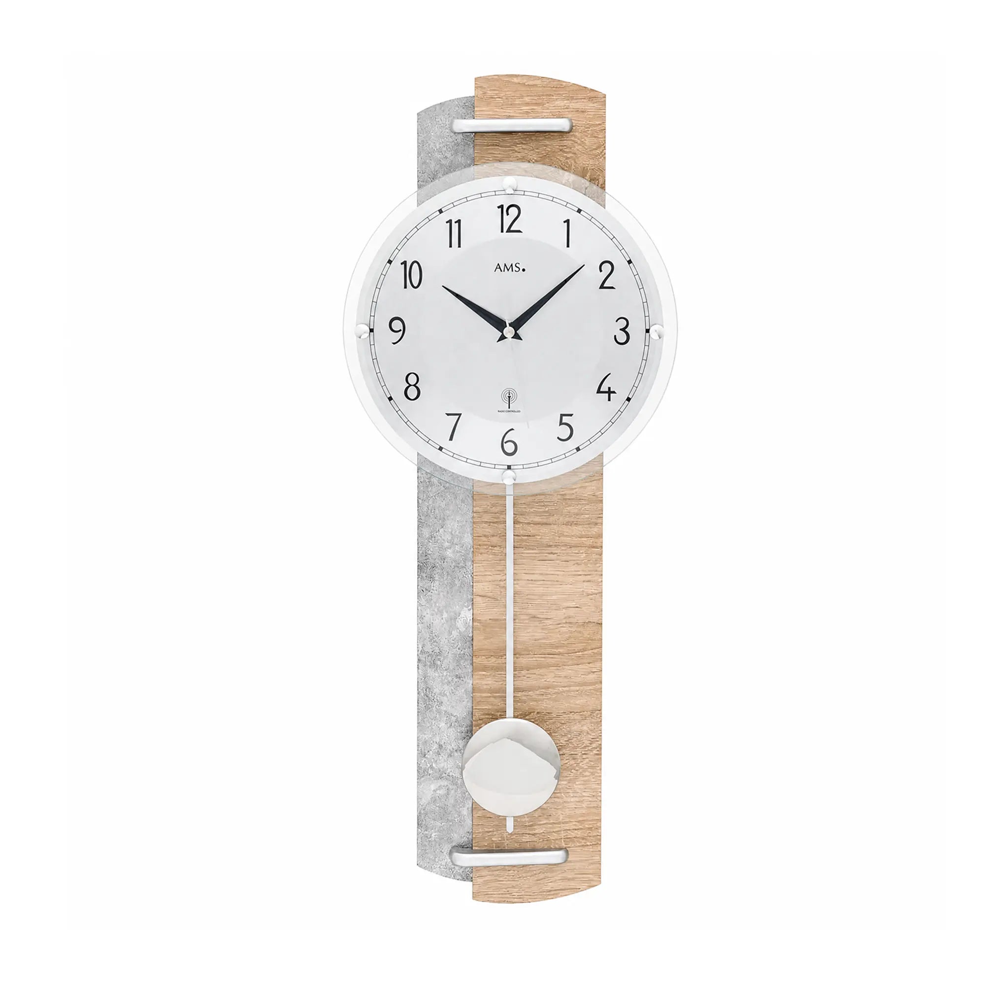 Radio-controlled pendulum wall clock with round dial, wooden strips, and white pendulum weight