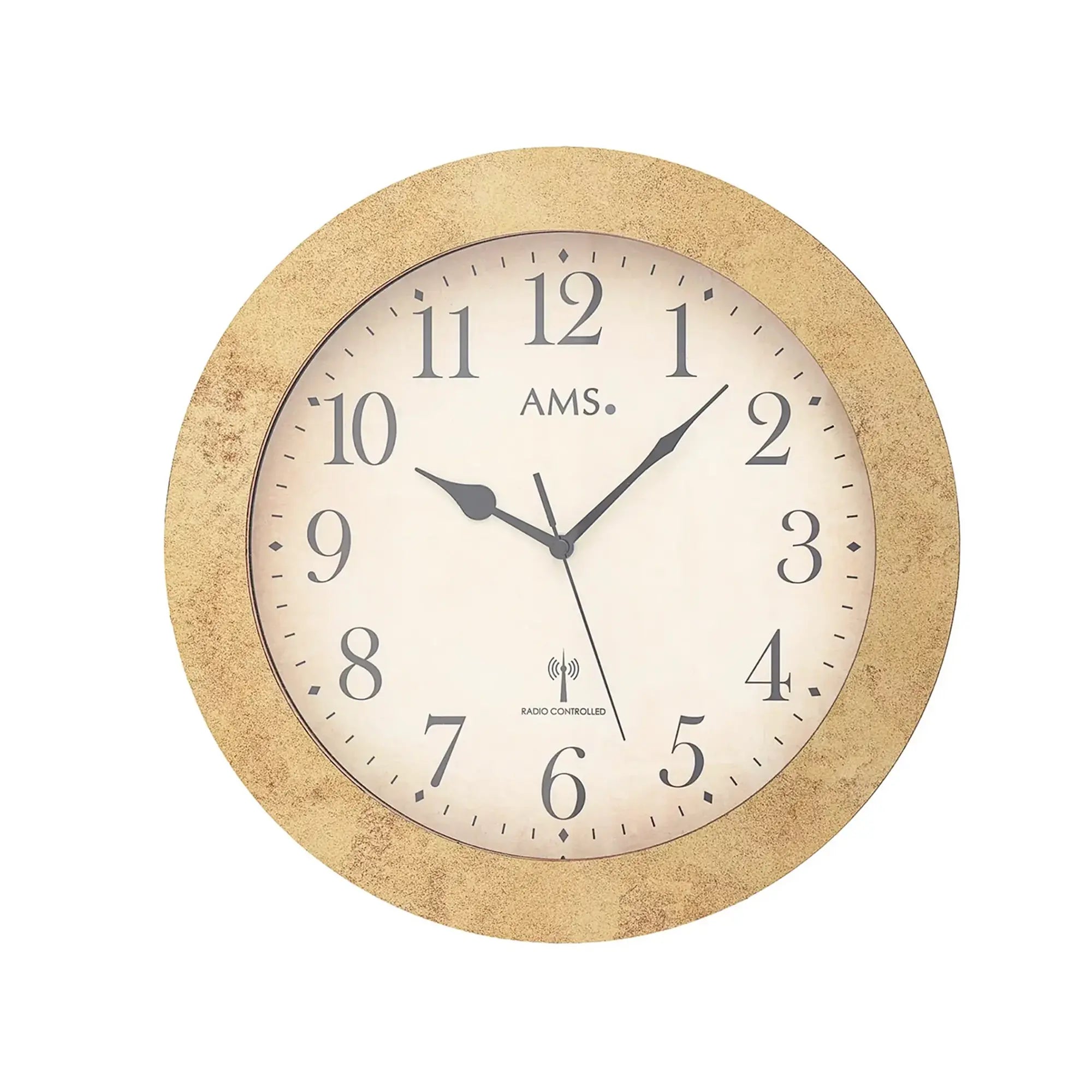 Round wall clock with beige wood-look frame, white dial, Roman numerals, and AMS