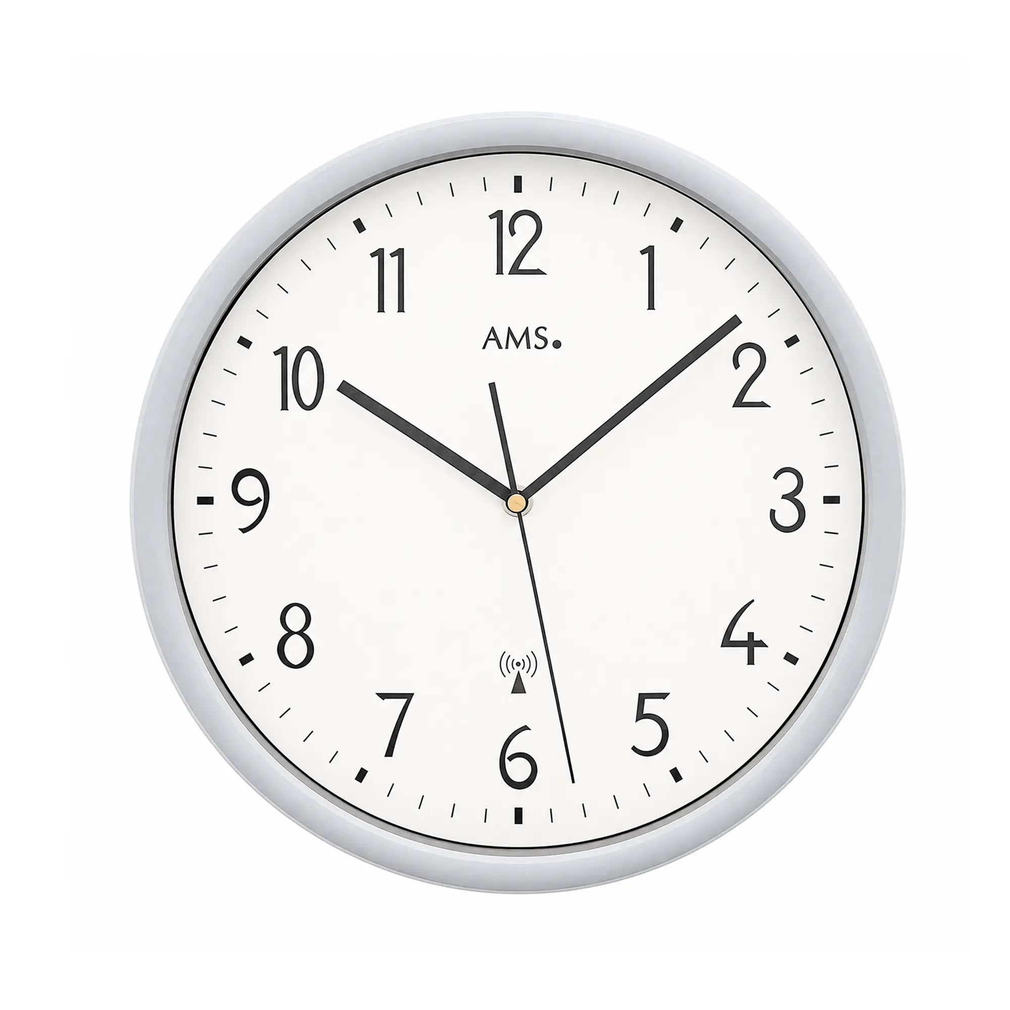 Wall clock with white dial, black hands, and silver frame