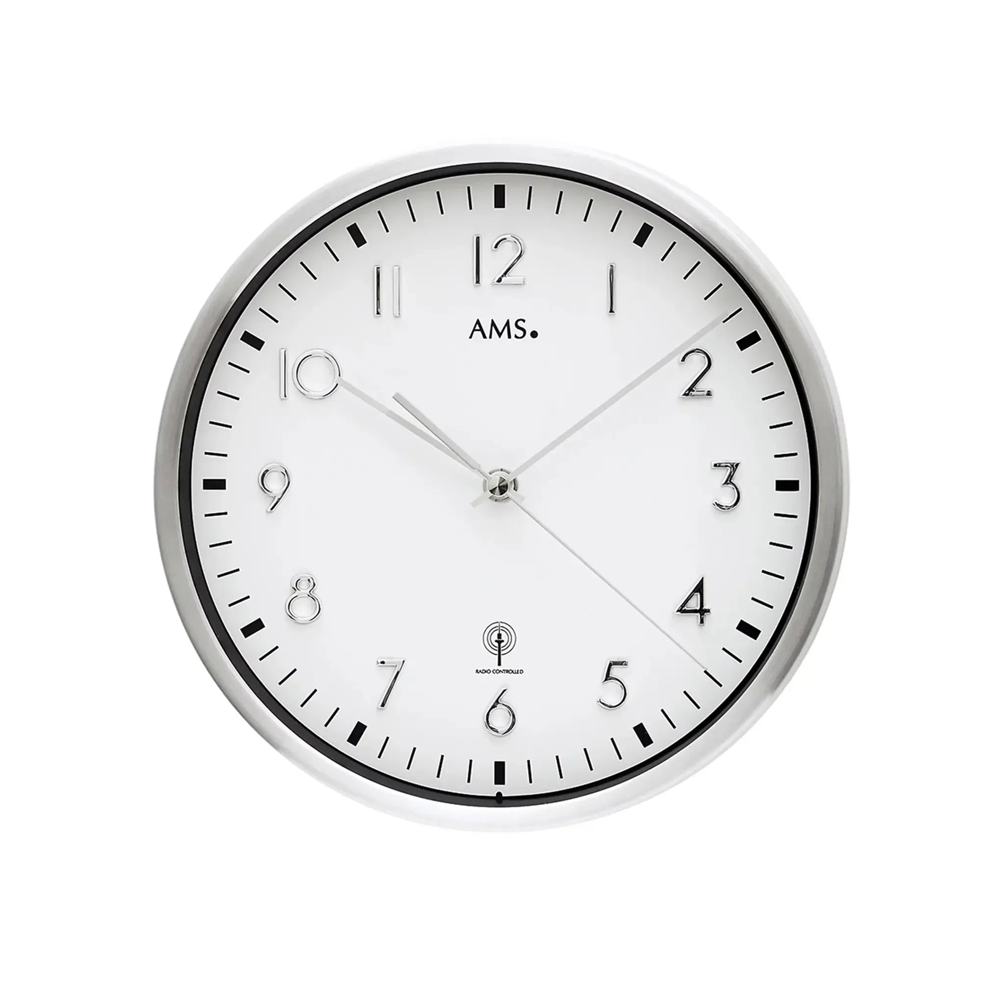 Wall clock with round metal frame, white dial, and black numbers