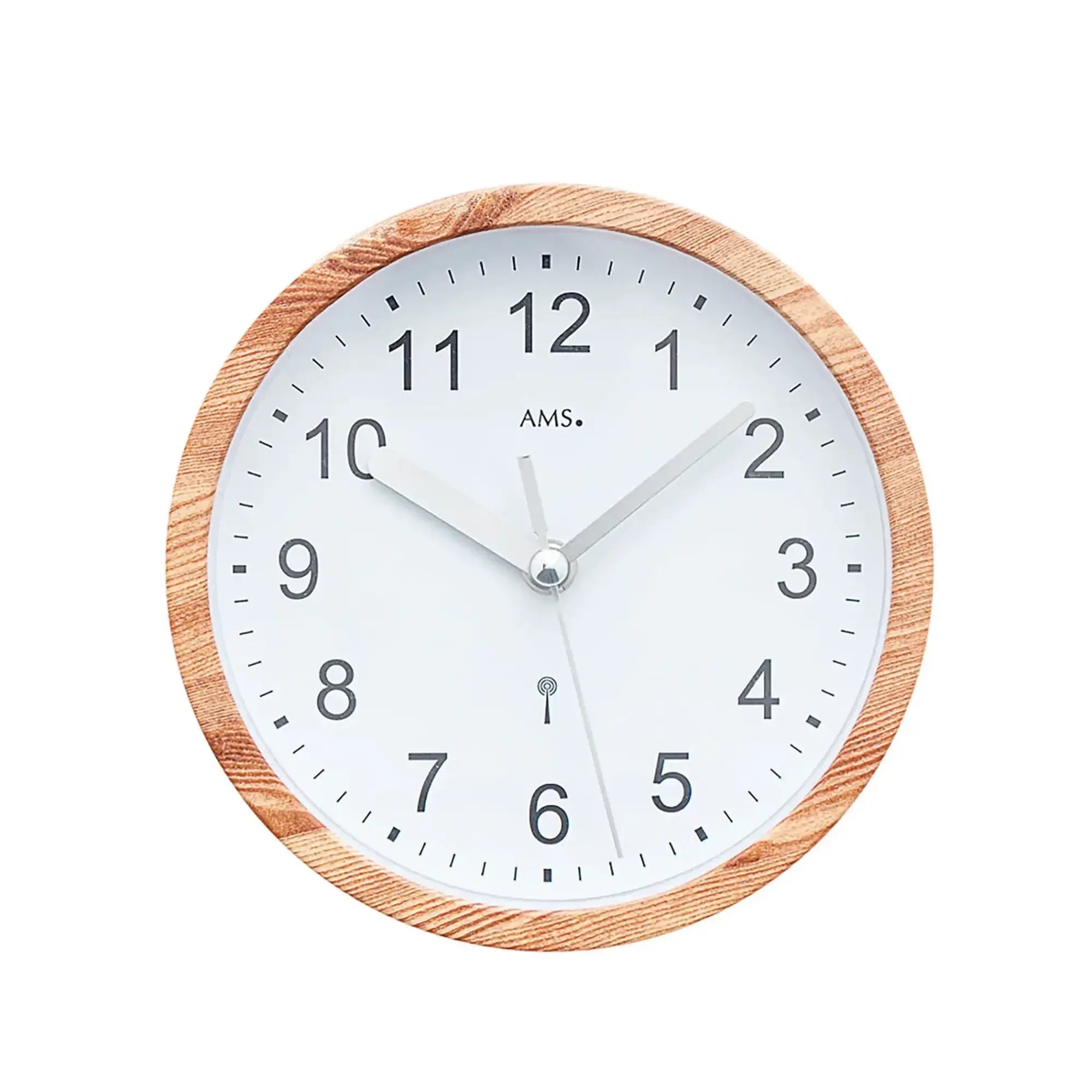 Wall clock with wood-look frame, round white dial, and hands