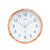 Wall clock with wood-look frame, round white dial, and hands