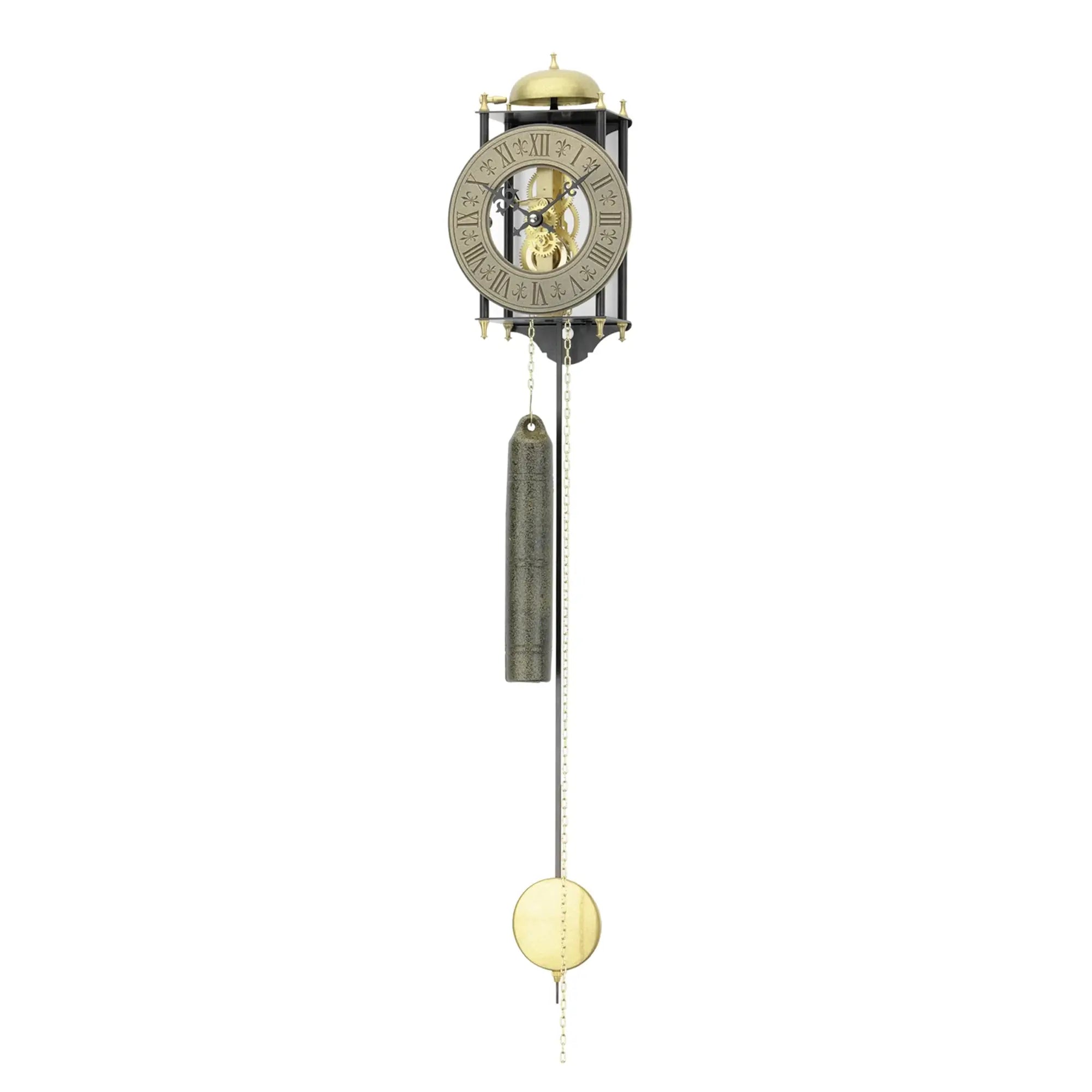 Wall clock with round dial, golden dome, and pendulum rod