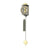 Wall clock with round dial, golden dome, and pendulum rod