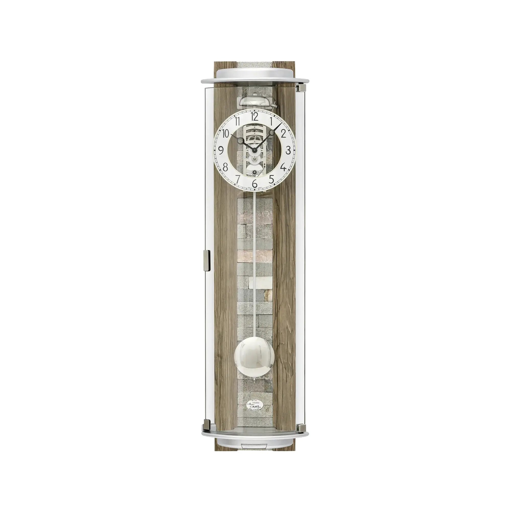Regulator-Wanduhr mit Glasfront, weißem Zifferblatt und Pendelknopf im Nussbaumgehäuse
