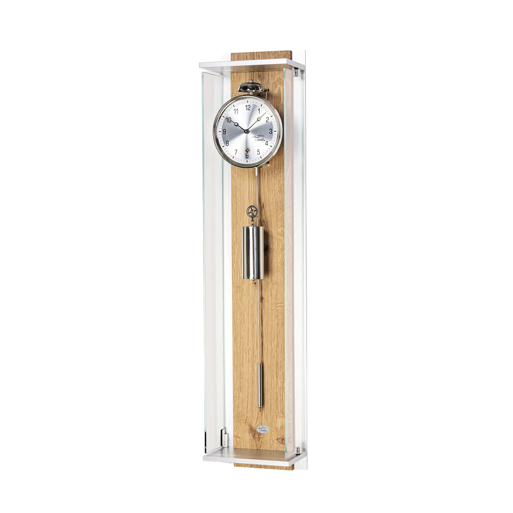 Wanduhr mit rundem Zifferblatt, Glasrahmen und Wildeiche-Gehäuse, Seitenansicht