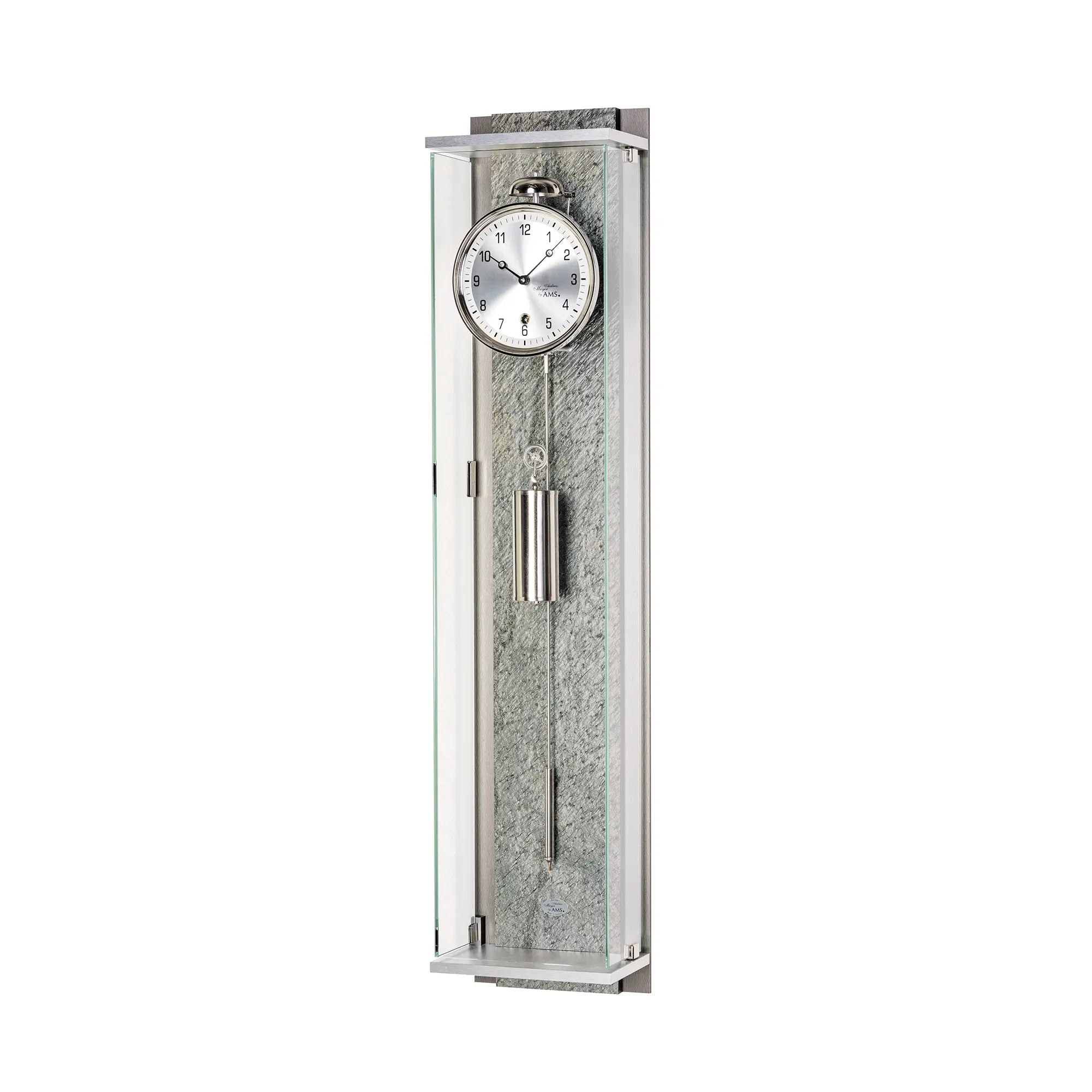 Wanduhr mit durchsichtigem Glasrahmen, rundem Zifferblatt und Pendelstäben