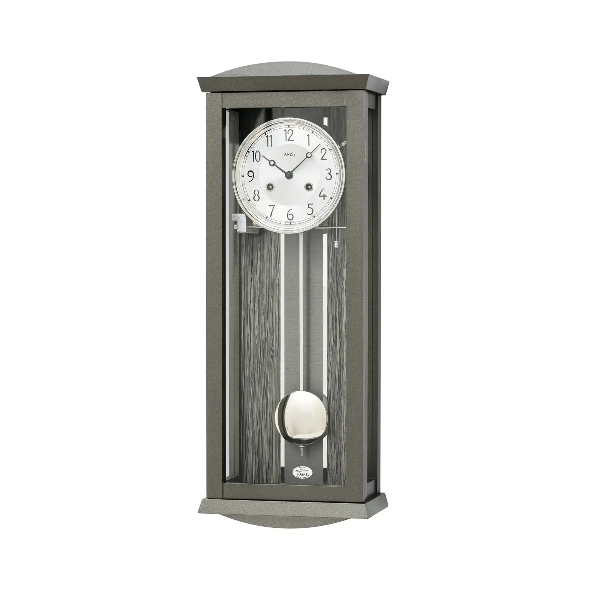 Anthrazitfarbene Regulator-Wanduhr mit rundem Zifferblatt und Pendel