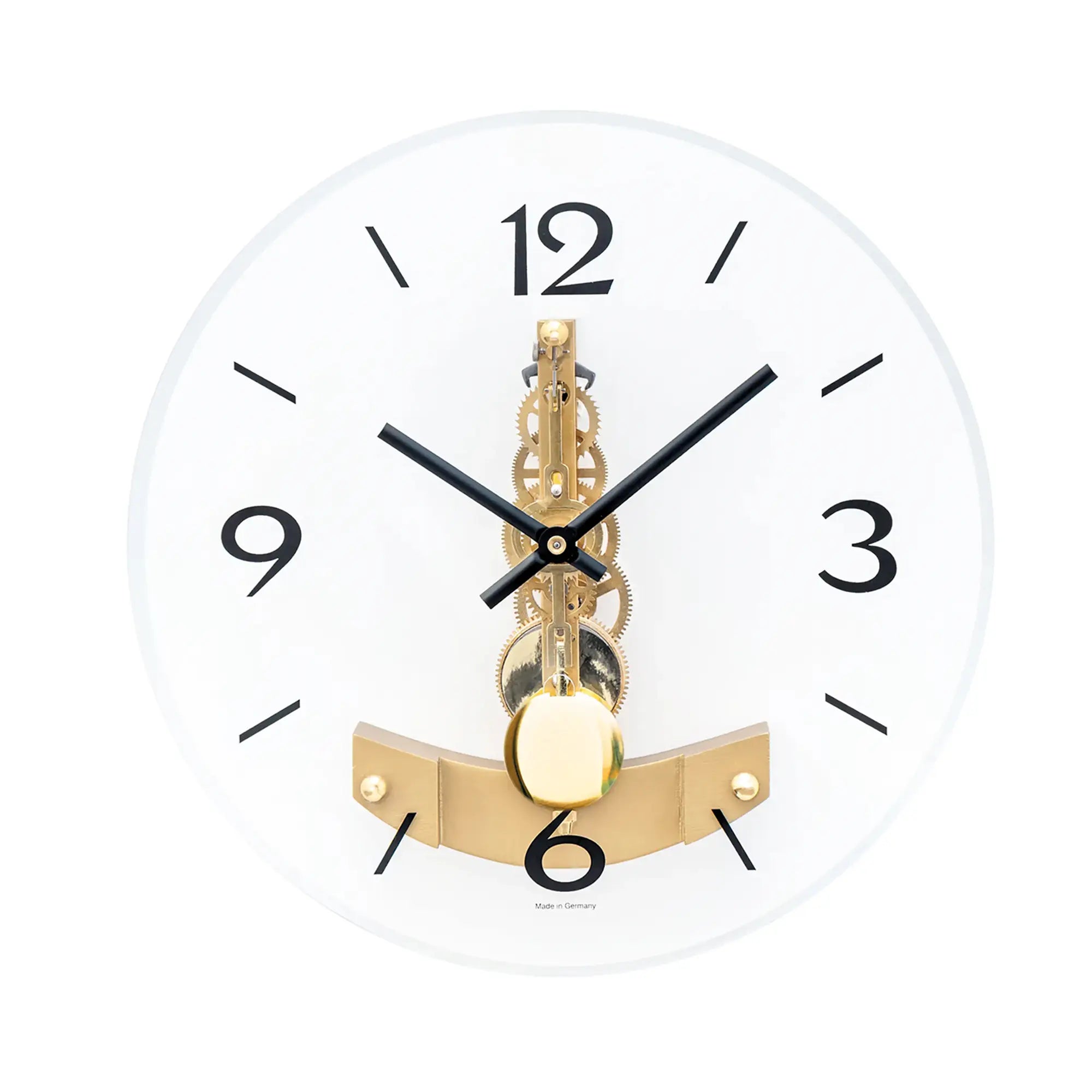 Wall clock with round white dial, black hands, and gold movement