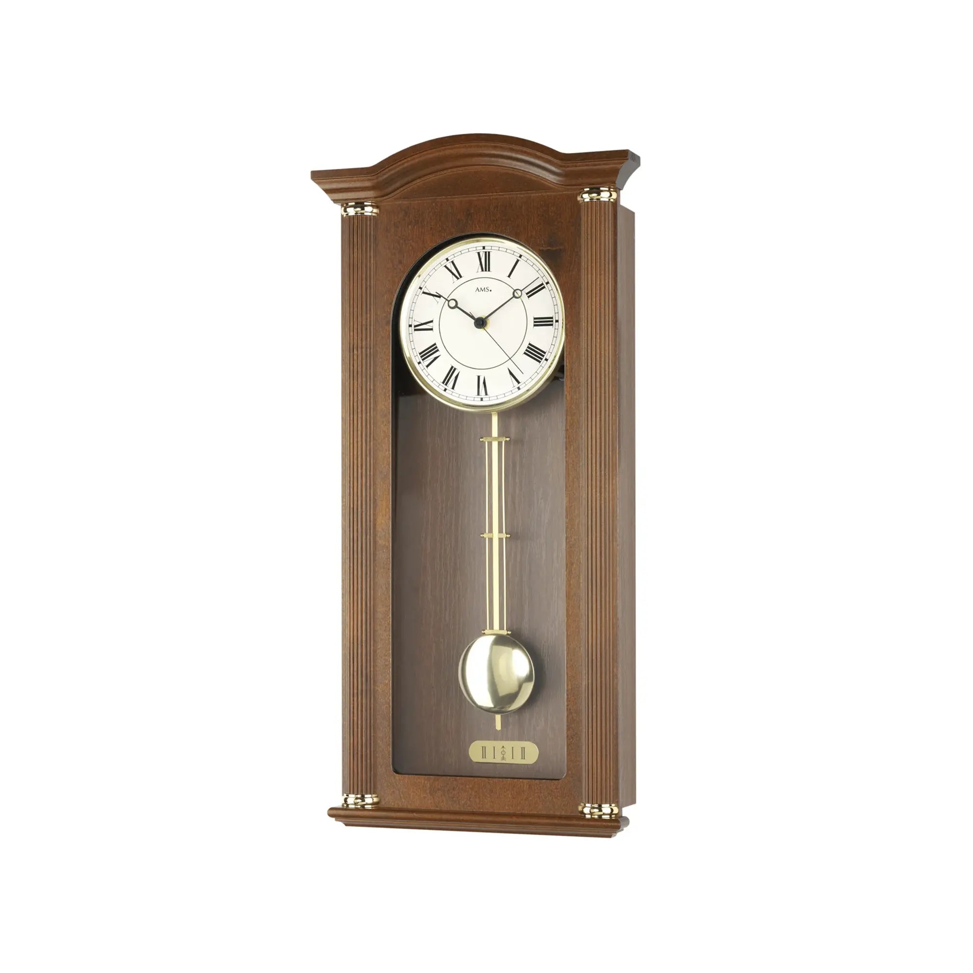 Regulator-Wanduhr in Nussbaum mit rundem Zifferblatt und Pendel