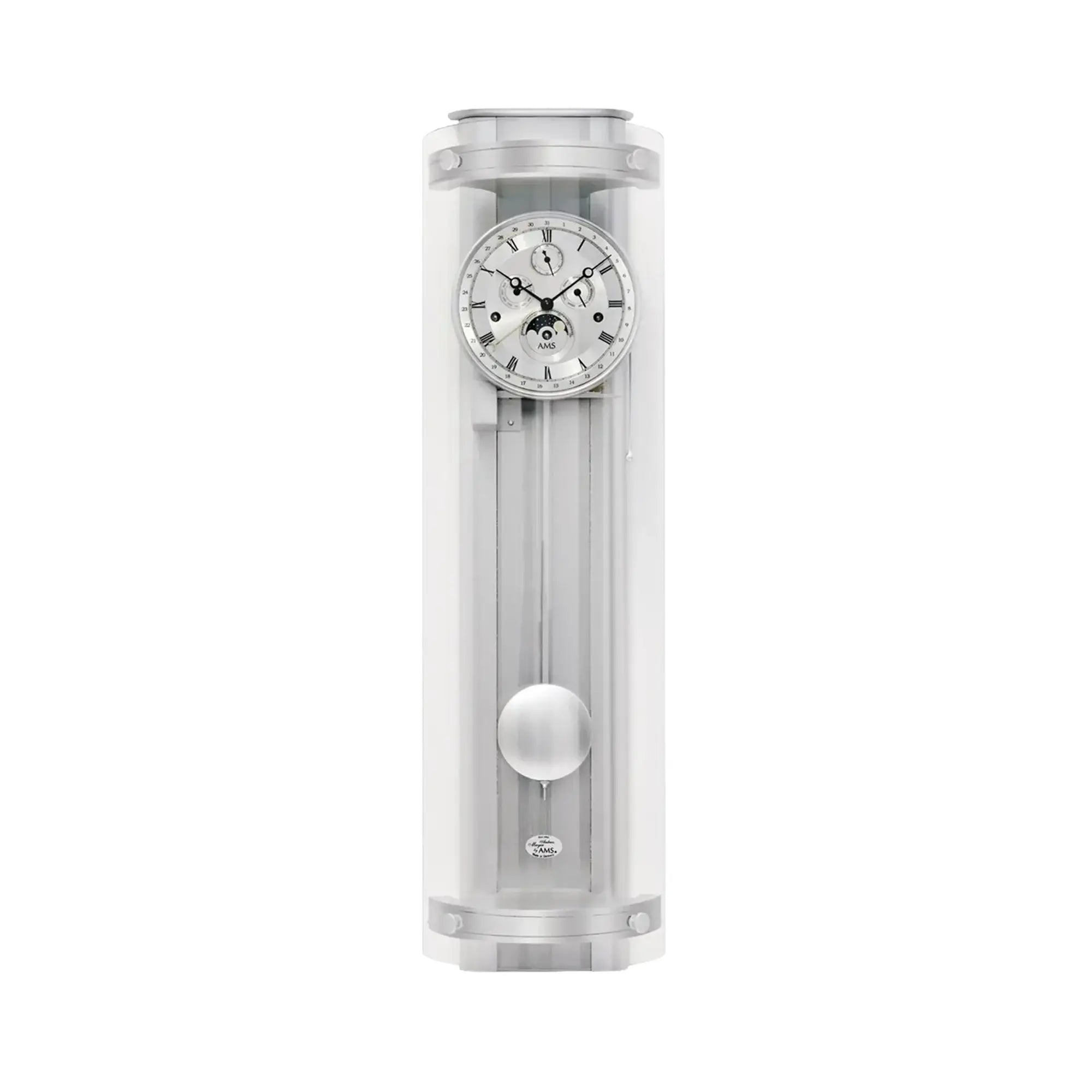 AMS Regulator-Wanduhr in Silber mit weißem Zifferblatt und sichtbarer Aufhängung